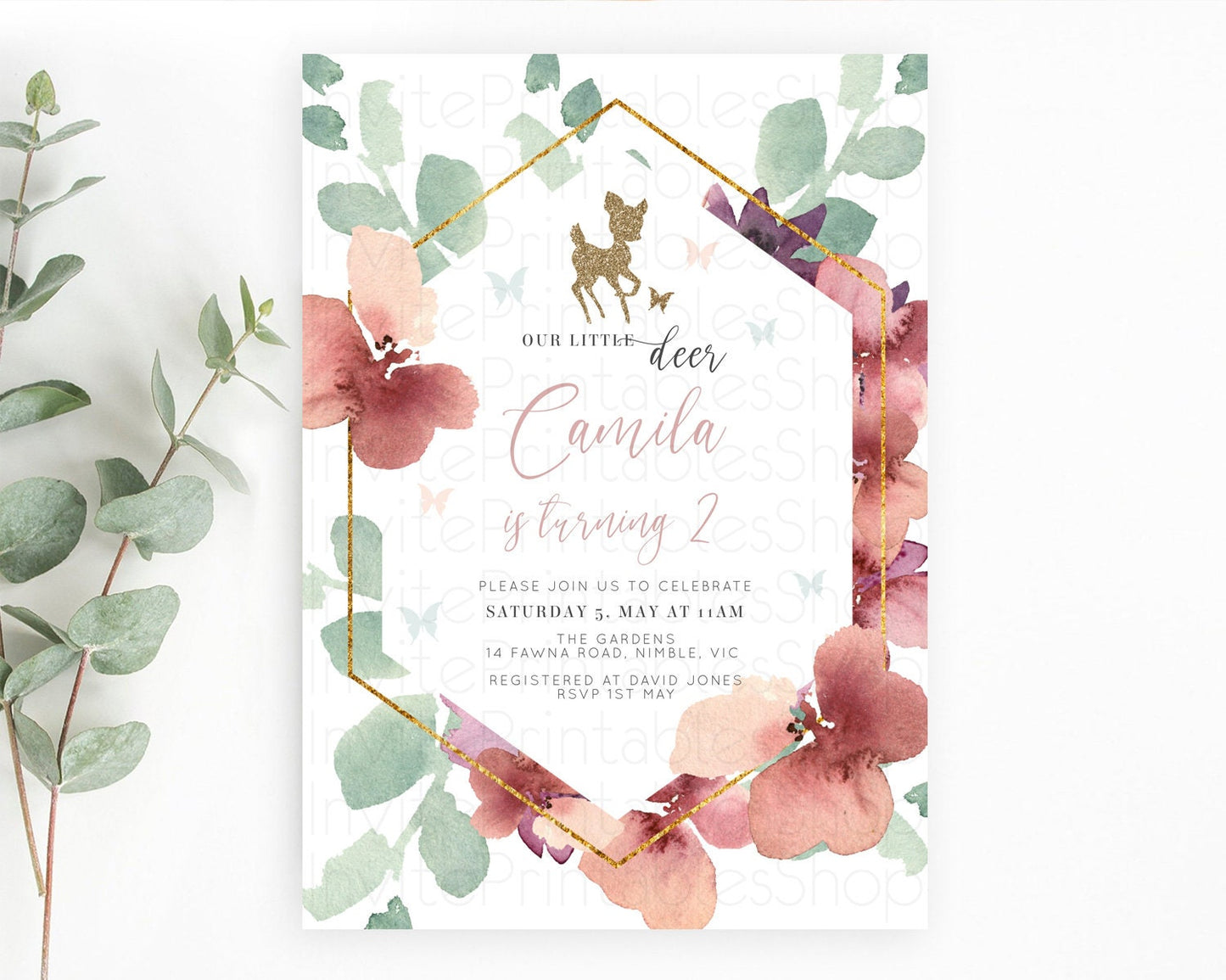 Fawn Birthday Invitation Deer Birthday Invitation Enchanted Forest Party Butterfly Pastel Flowers Whimsical 2nd 1st First Birthday D10459