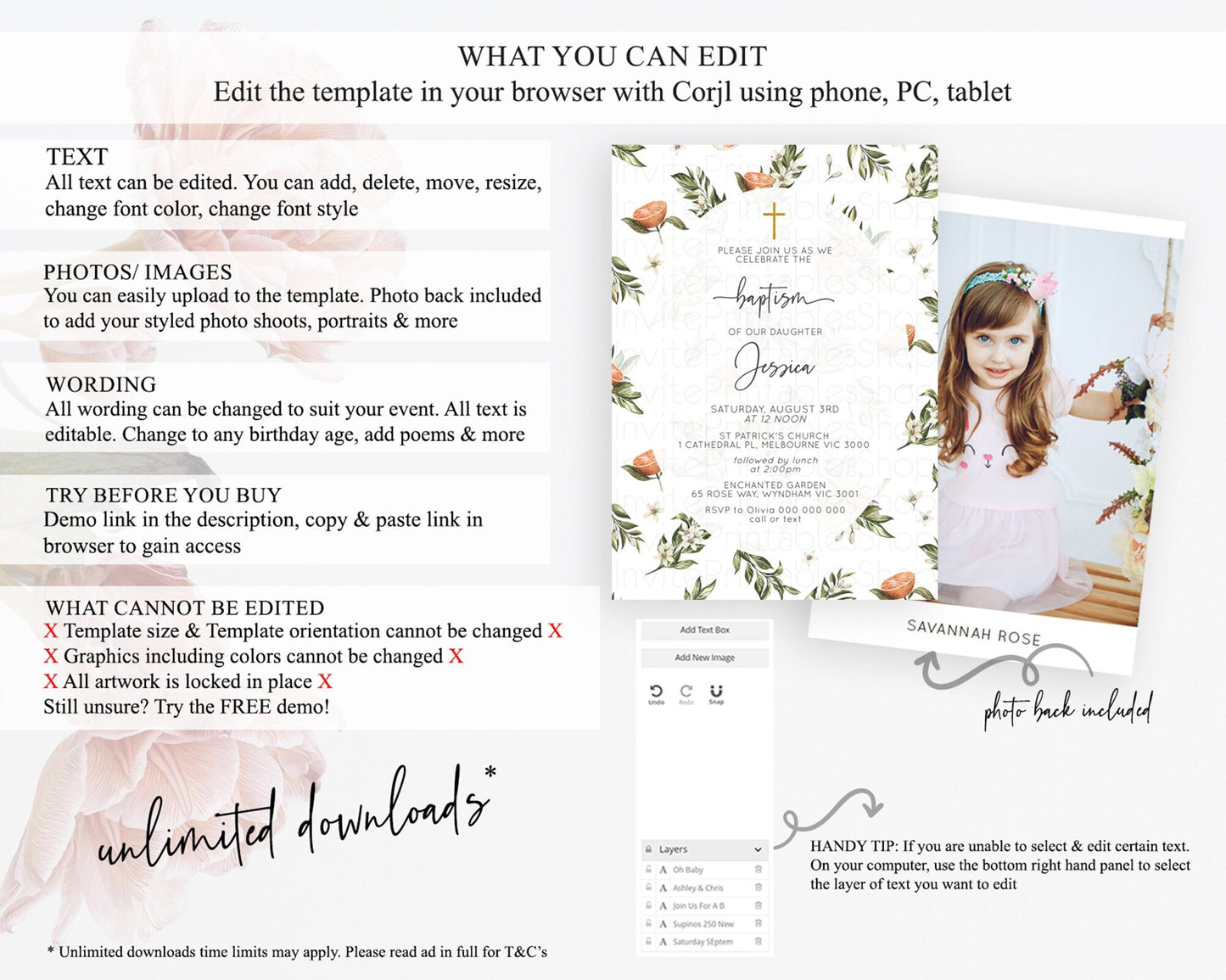 Citrus Baptism Invitation Lemon Orange Baptism 1st Birthday Invitation Citrus Garden Christening Invitation Citrus Floral Religious D10545