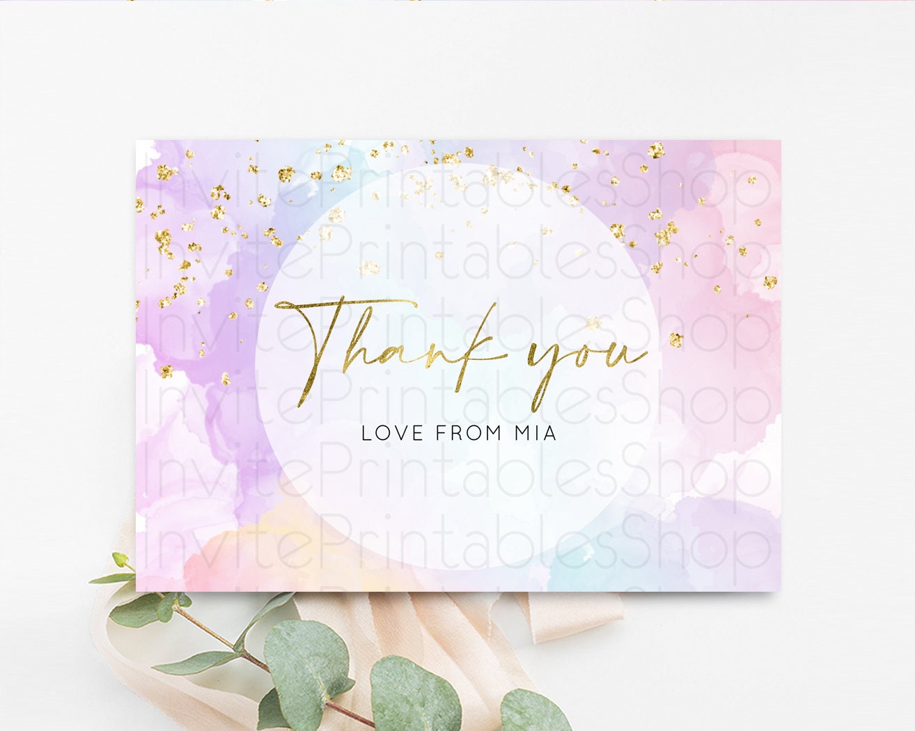 Pastel Rainbow Thank you Colorful Watercolor Gift Cards Splash Gold Glitter Card Birthday Engaged Baby Shower Wedding Folded/ Postcard 599v1