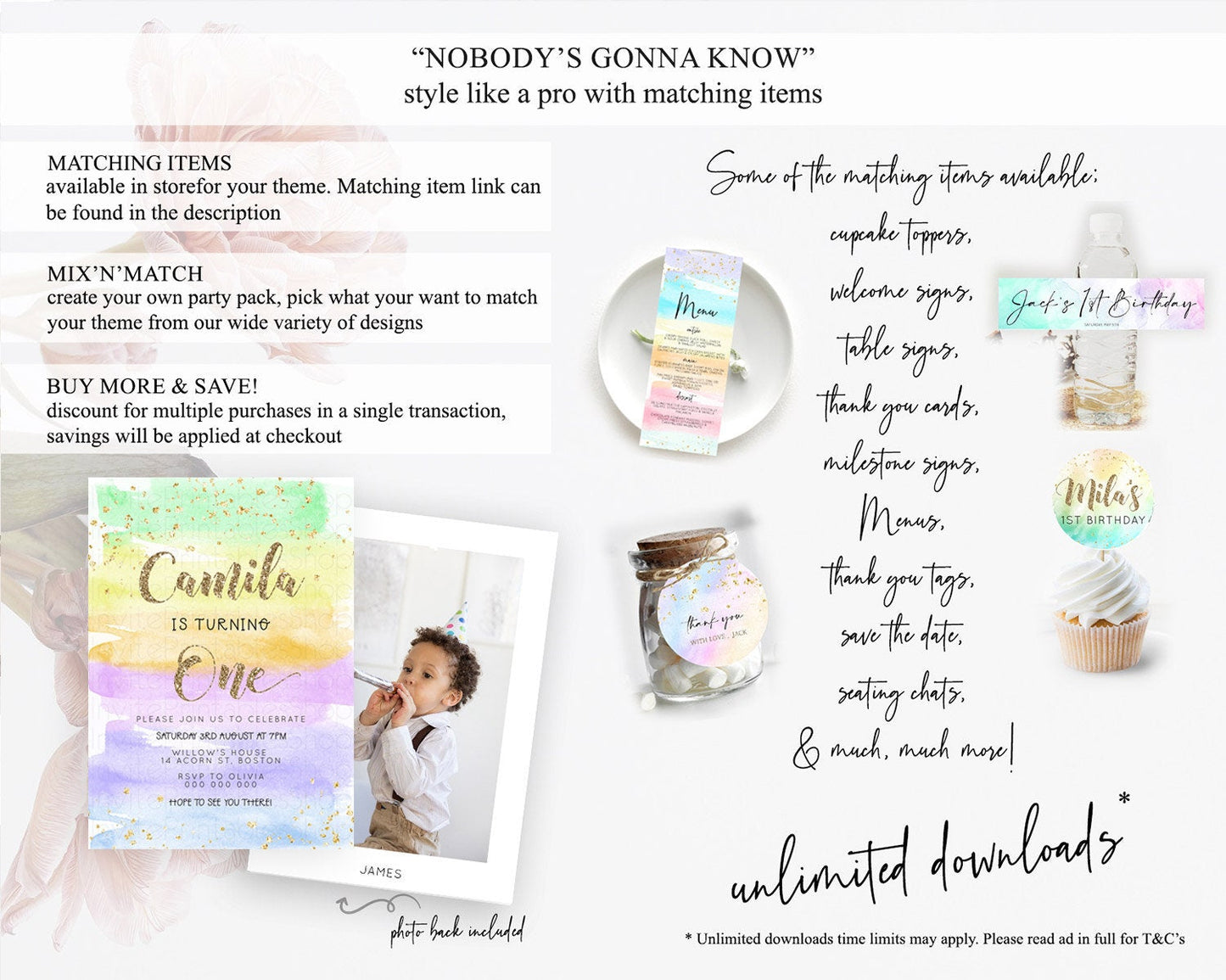 Rainbow Birthday Invitation Colorful Pastel Watercolor Invitation Gold Glitter Sprinkles Ombre Pastel 1st 2nd 3rd Birthday D23275