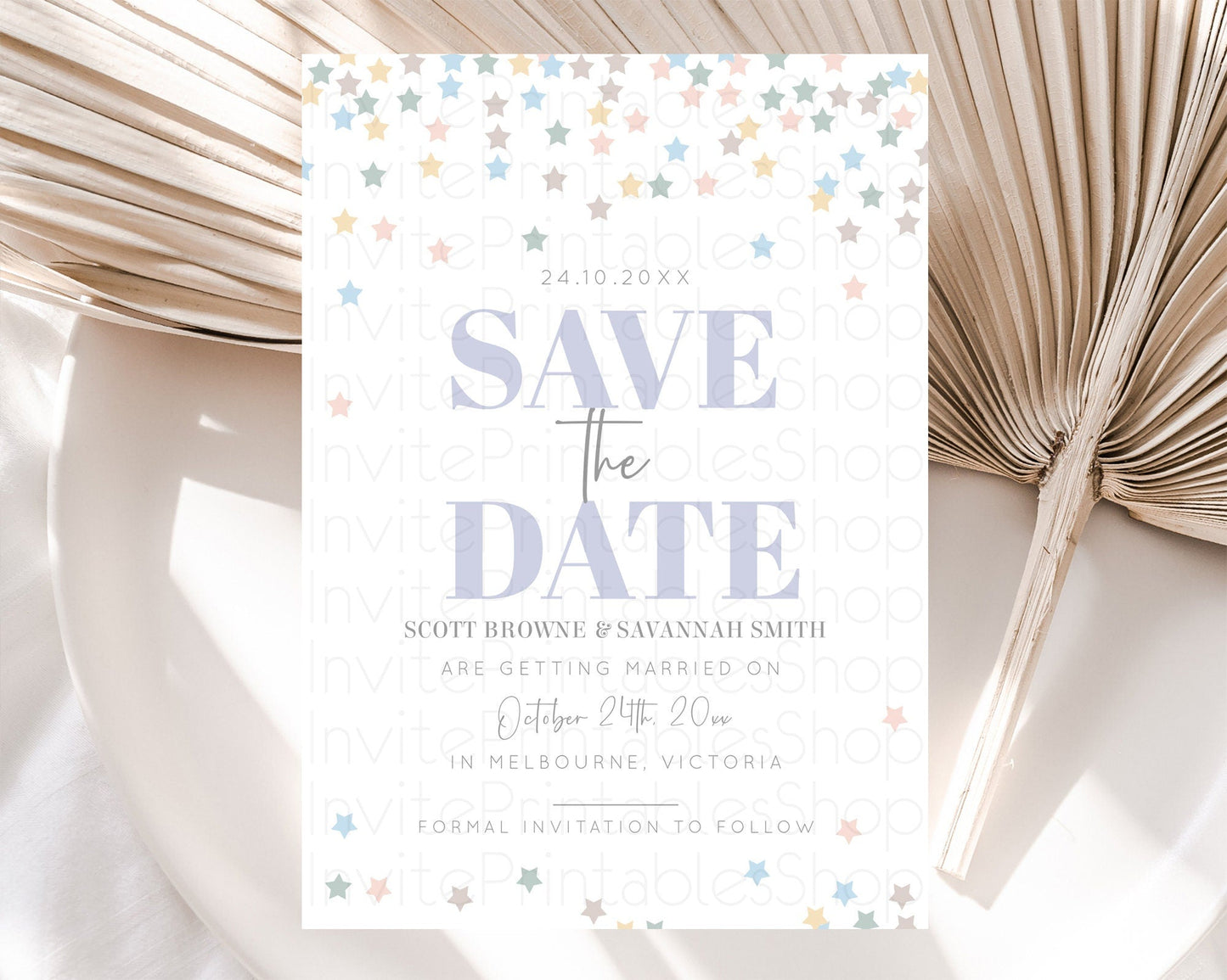 Twinkle Stars Save The Date Template Pastel Twinkle Little Star Party Shooting Star Confetti Sprinkles Birthday Baptism Baby Shower D10795