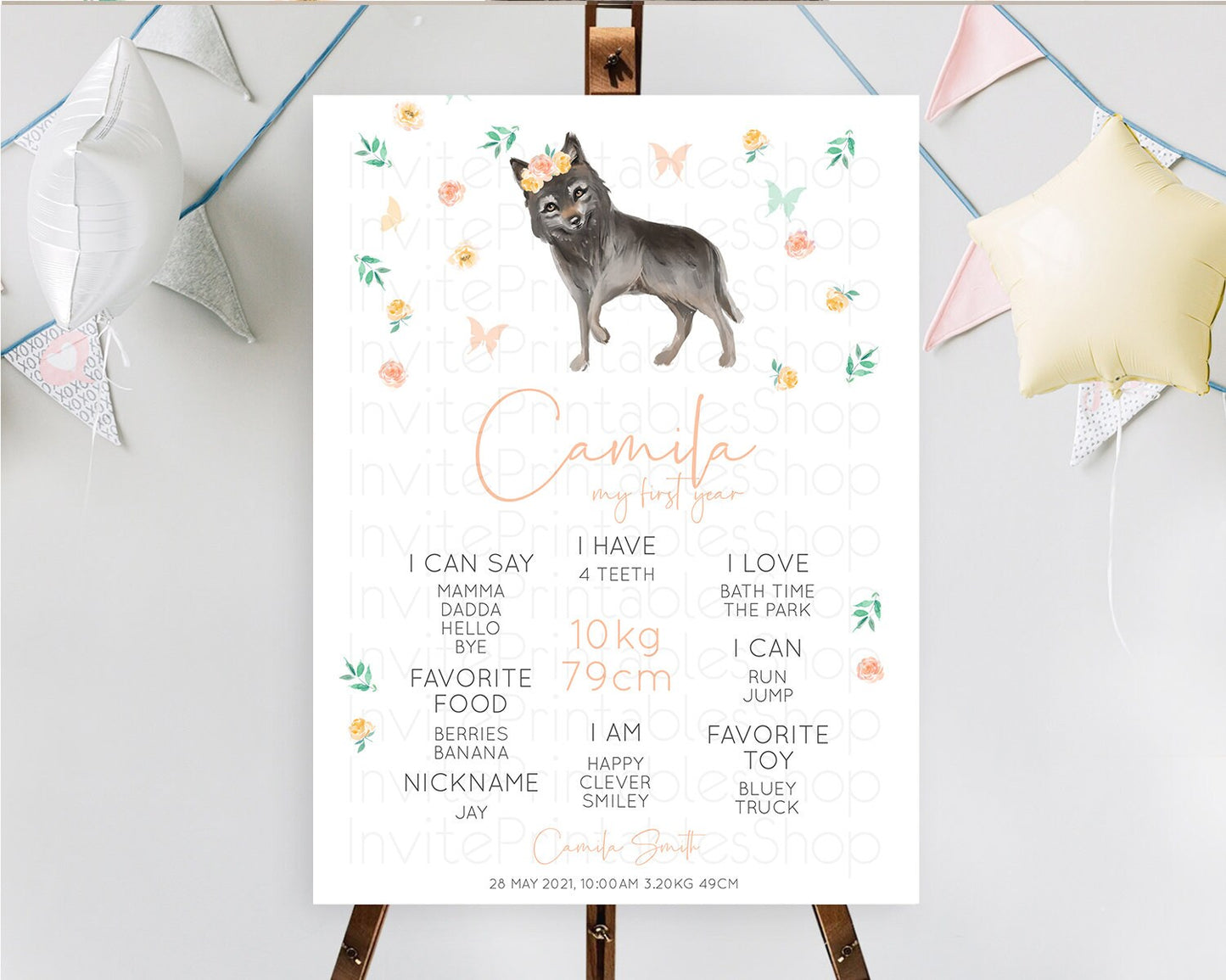 Wolf First Birthday Milestone Poster Wolf Milestone Board Pastel Floral Wolf Milestone First Birthday Welcome Sign D10362