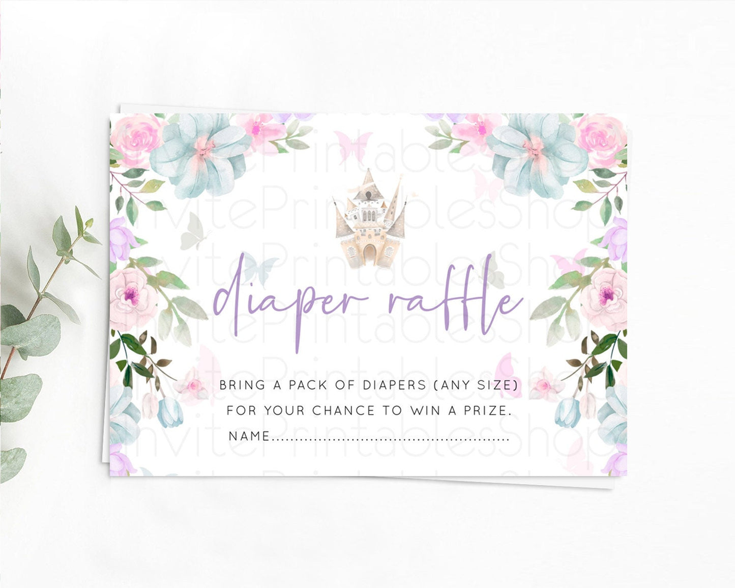 Princess Diaper Raffle Card Castle Diaper Ticket Insert Secret Garden Enchanted Castle Pastel Floral Garden Baby Shower Poem Request D10471