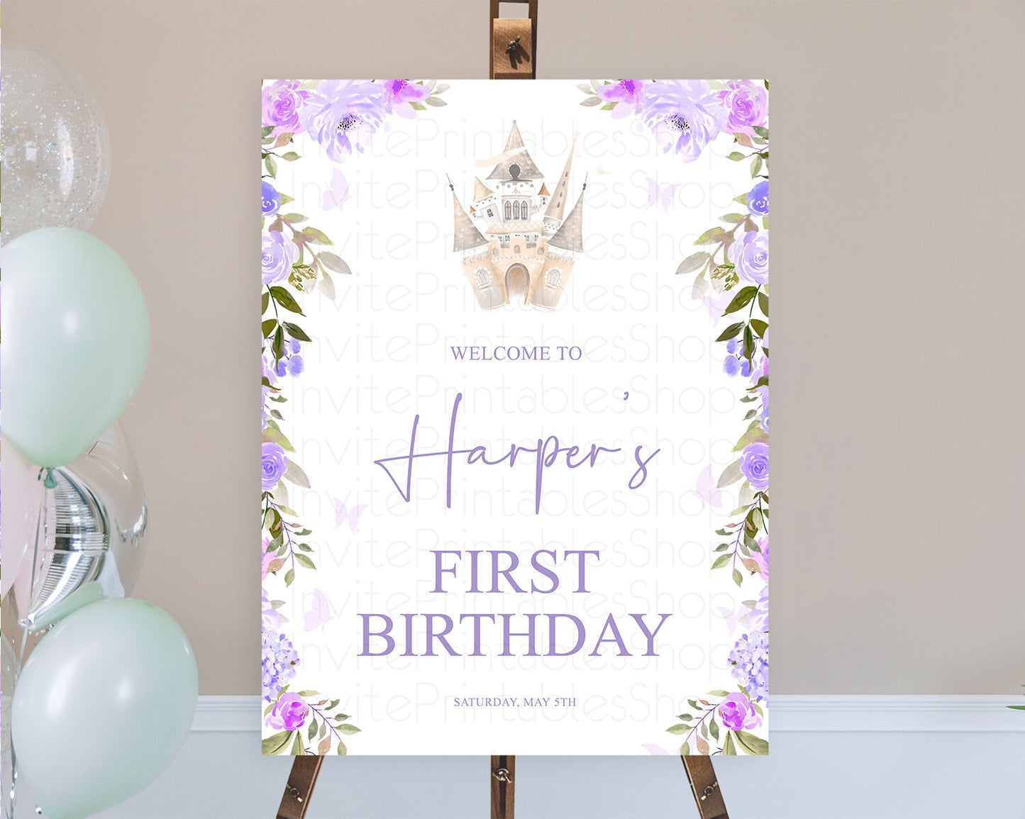 Princess Birthday Welcome Sign Castle Welcome Board Secret Garden Enchanted Castle Pastel Floral Garden First Birthday Welcome Sign D10339