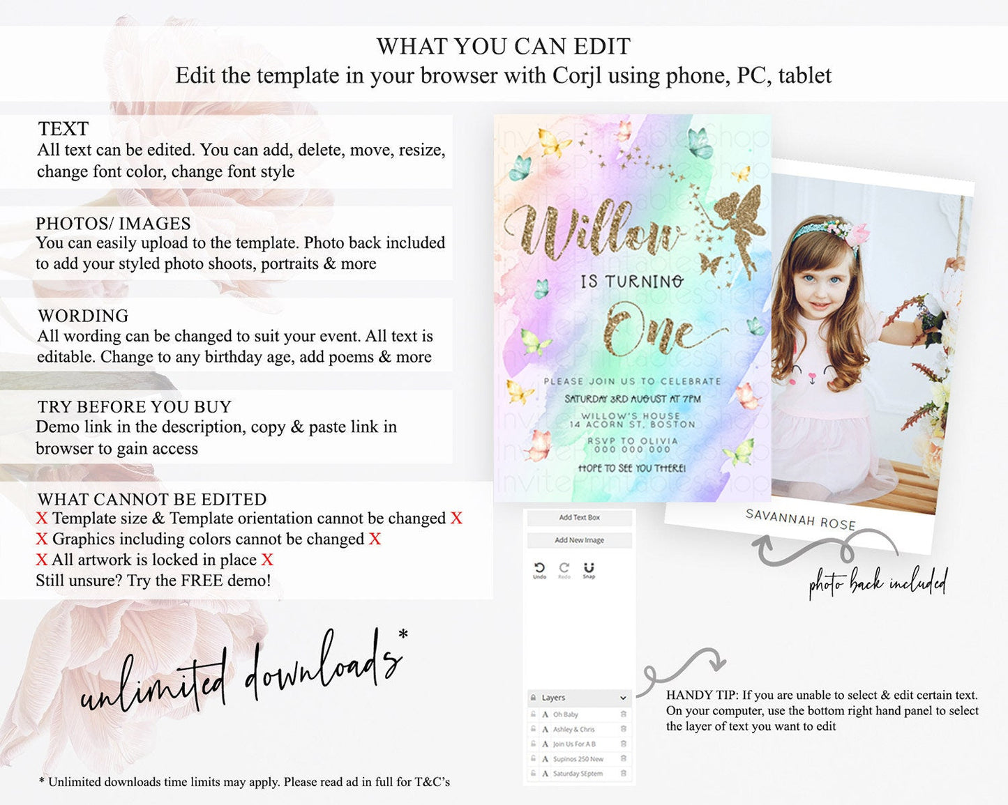 Pastel Fairy Birthday Invitation Pastel Butterflies Fairy Birthday Invitation Rainbow Ombre Watercolor 1st 2nd Birthday Invitation D23331