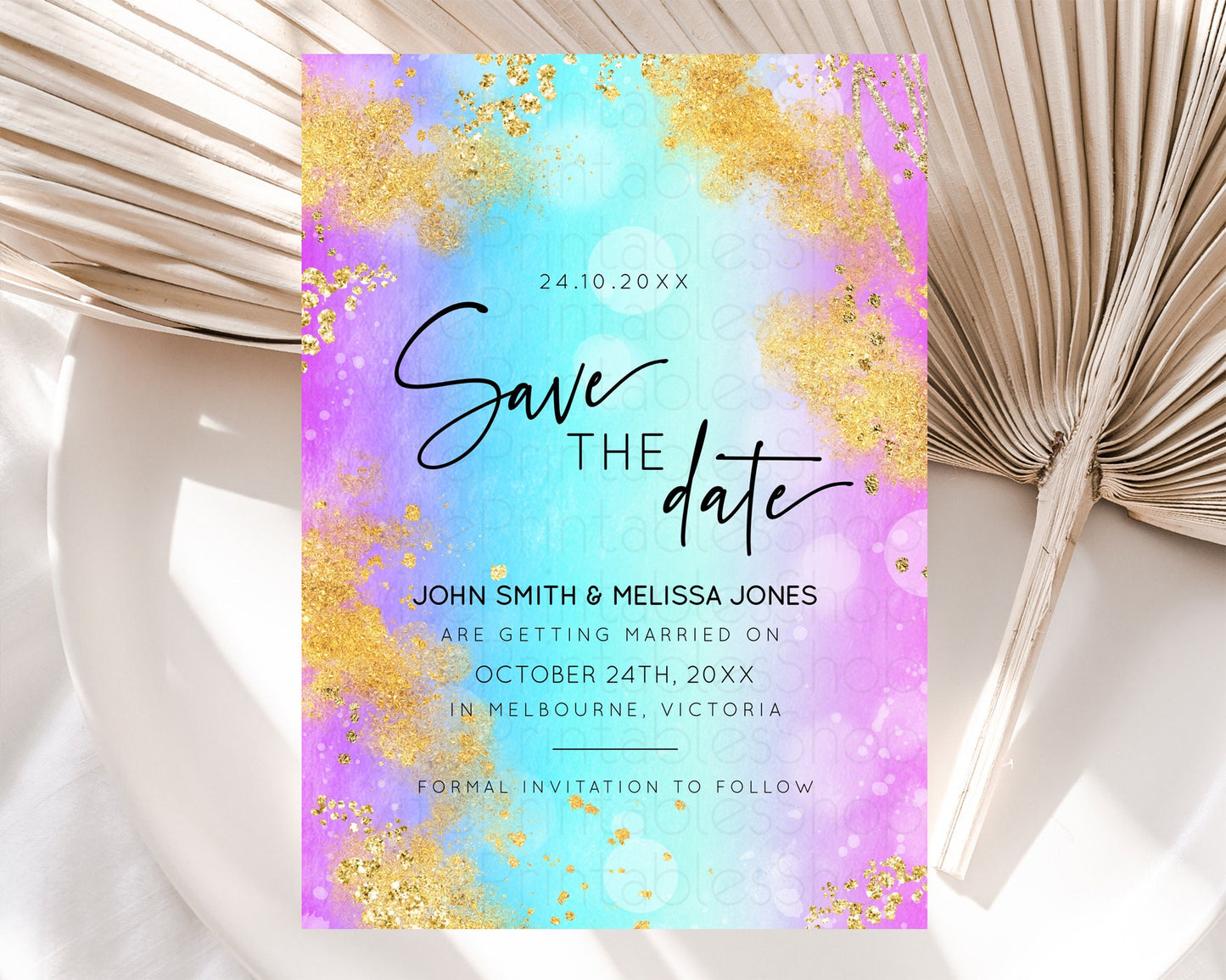 Pastel Save The Date Template Pastel Ombre Rainbow Watercolor Colorful Party For Birthday Baptism Baby Shower Wedding Bridal Shower D10564