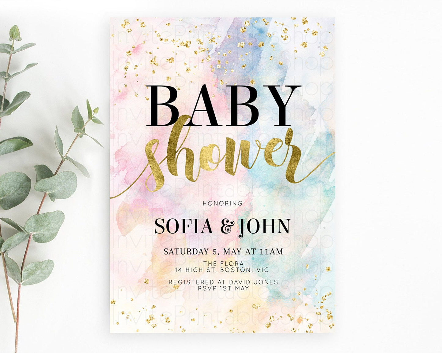 Pastel Baby Shower Invitation Rainbow Baby Shower Invitation Colorful Pastel Watercolor Invitation Gold Glitter Sprinkles Ombre D10265