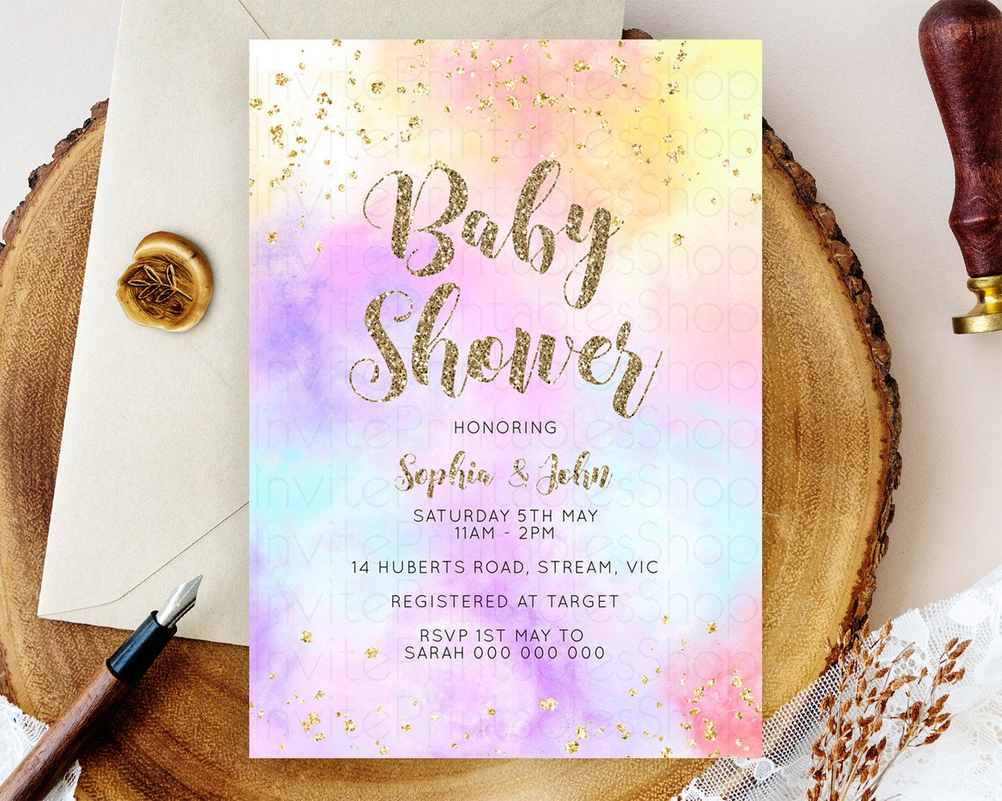 Pastel Rainbow Baby Shower Invitation, Watercolor Splash, Confetti Sprinkles, Colorful Ombre - Blue, Yellow, Purple, Orange, Glitter D10435