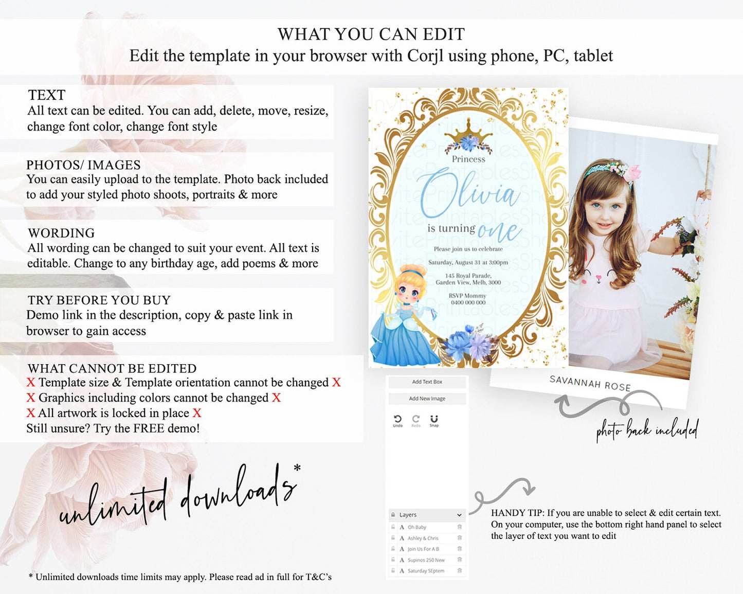 Princess Birthday Invitation Castle Invitation Royal Birthday Fairy Tale Enchanted Mirror Pastel Floral Garden 1st First Birthday D10745