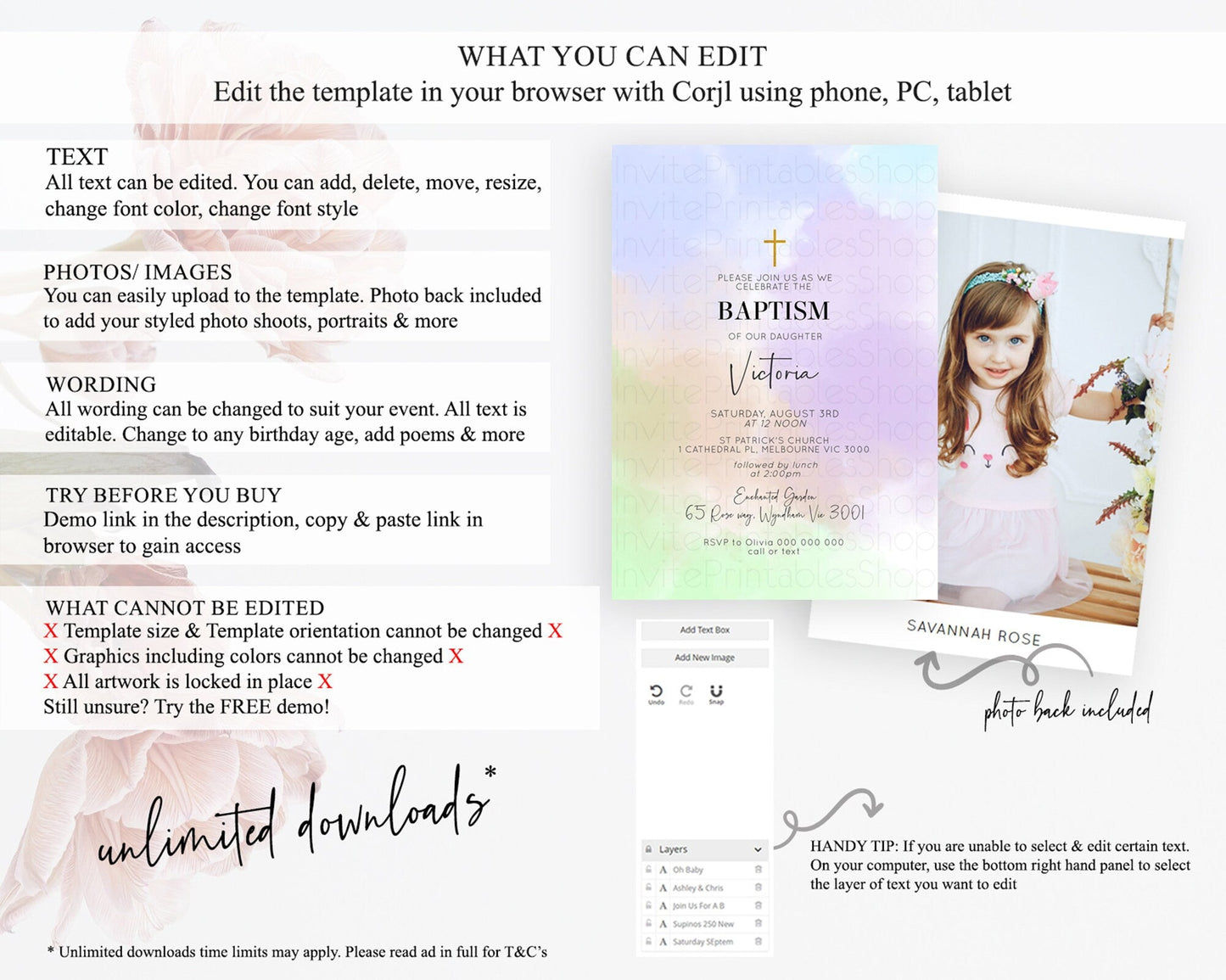 Pastel Baptism Invitation Pastel Colors Watercolor Baptism 1st Birthday Party Gold Ombre Pastel Rainbow Christening Holy Communion D10371