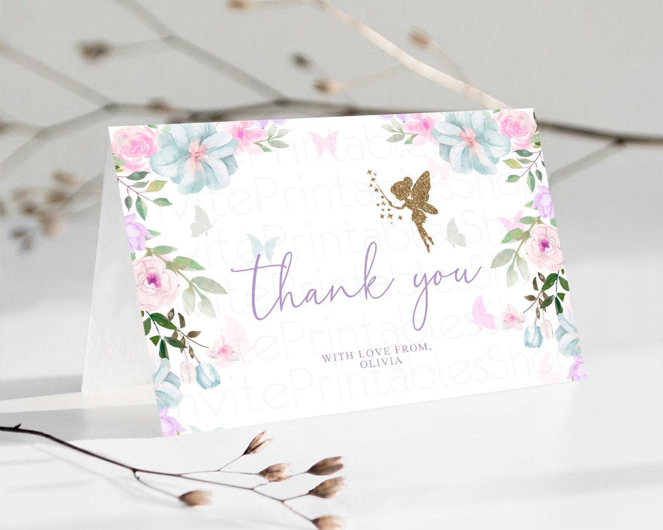 Fairy Thank you Pastel Floral Folded Card Colorful Fairy Garden Thank You Postcard Custom Message Purple Pink Birthday Baby Shower 513V3