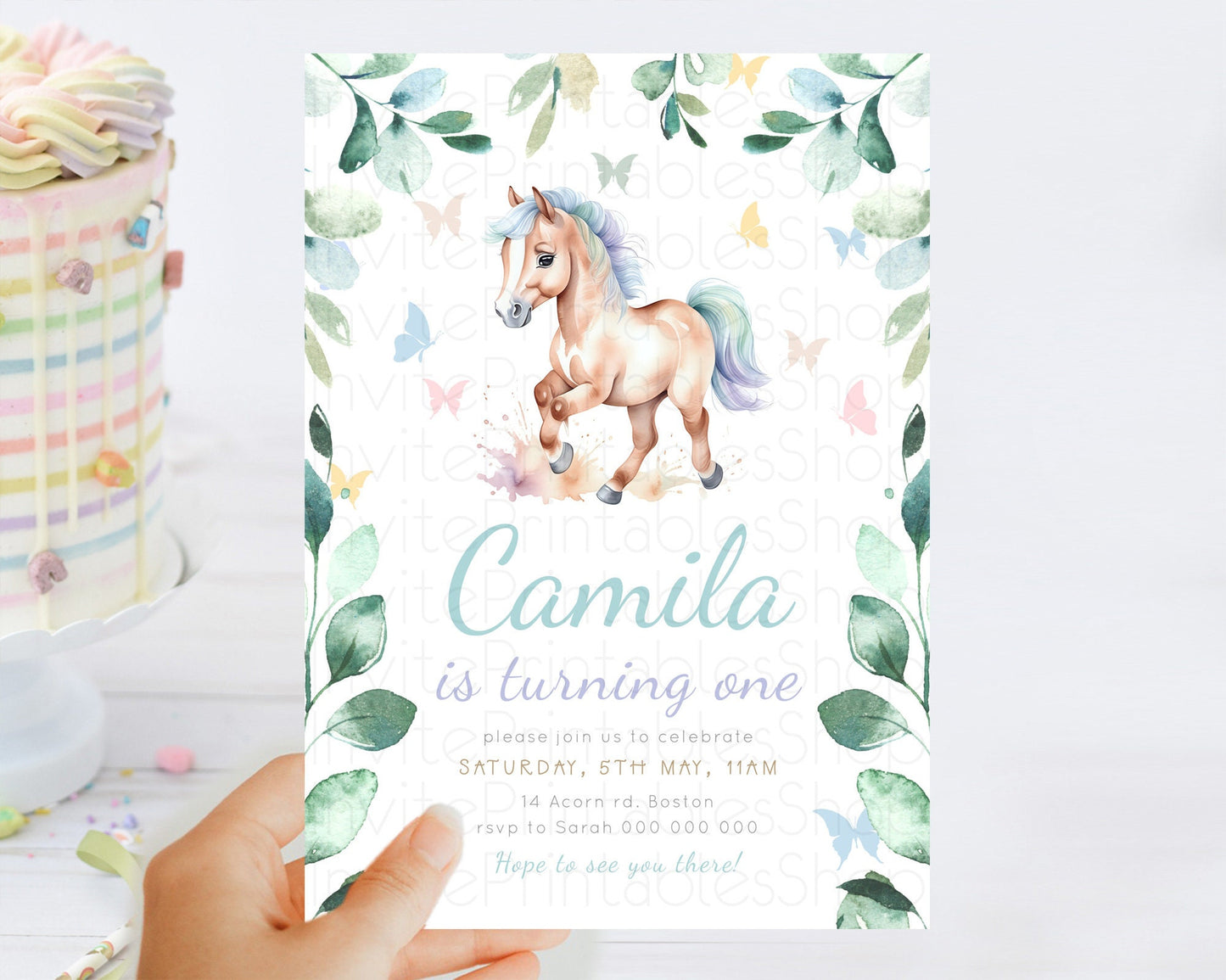 Horse Birthday Invitation, Galloping Wildflower Fields, Pastel Flowers, Butterflies, Flowers Accents for Equestrian & Cowgirls d23388