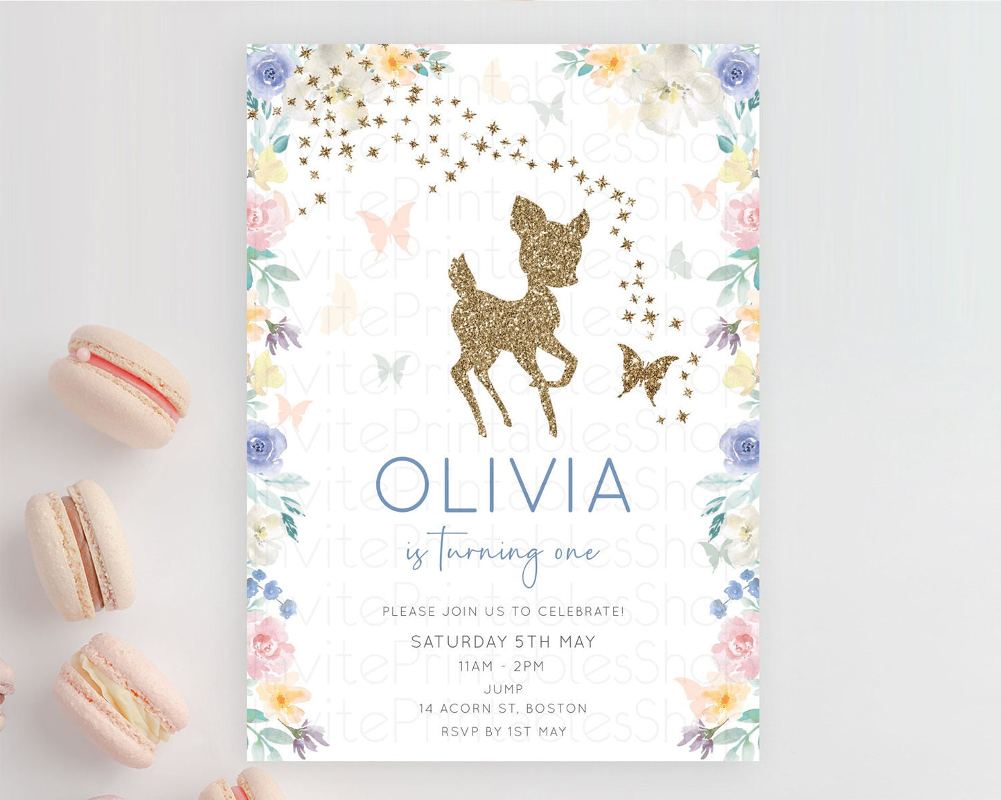 Fawn Birthday Invitation Deer Birthday Invitation Enchanted Forest Party Butterfly Pastel Flowers Whimsical 2nd 1st First Birthday D10878