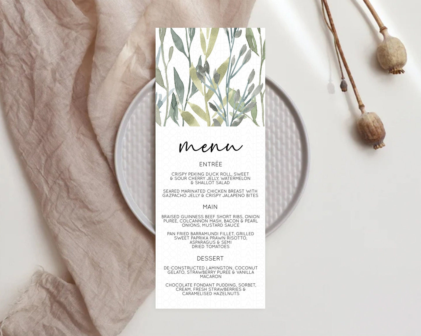 Leafy Menu Green Leaf Menu Template Eucalyptus Fern Leaves Decor Watercolor Boho Garden Leaf Branch Dinner Dessert Party Food Menu D11060