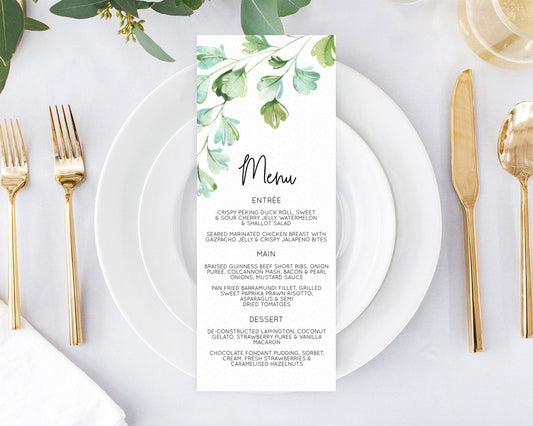 Editable Leafy Menu Green Leaf Menu Template Eucalyptus Fern Leaves Decor Wa