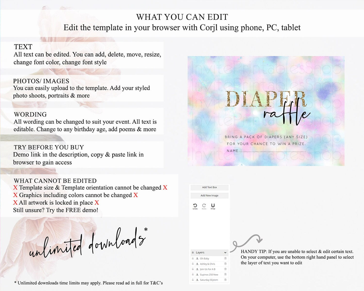 Pastel Diaper Raffle Card Pastel Rainbow Diaper Raffle Insert Colorful Ombre Watercolor Diaper Ticket Confetti Glitter Raffle Game D10694