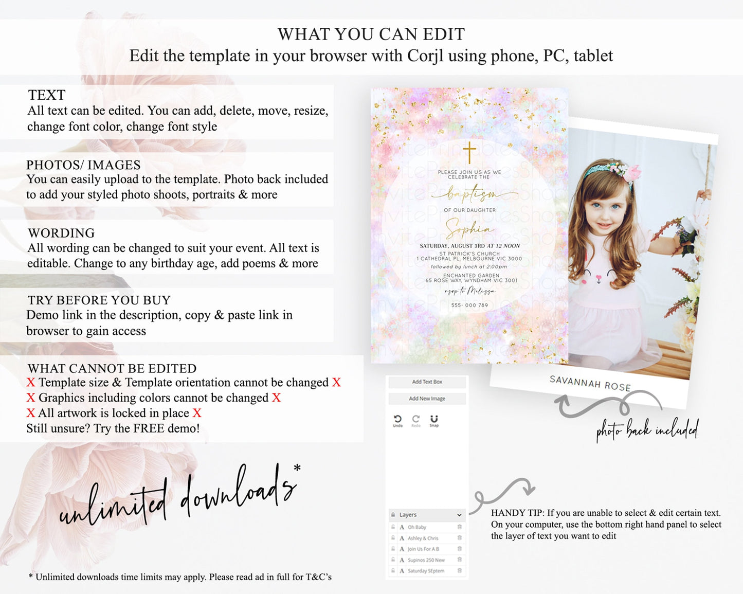 Pastel Baptism Invitation Pastel Colors Watercolor Baptism 1st Birthday Party Gold Ombre Pastel Rainbow Christening Holy Communion D10649