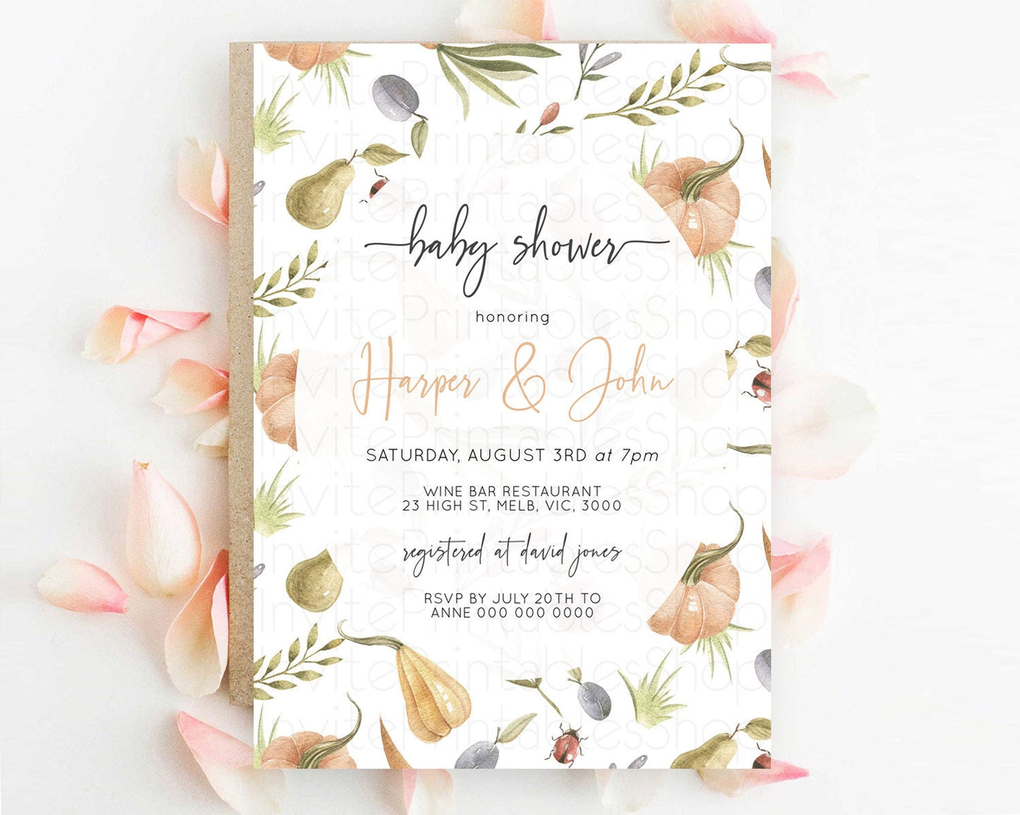 Pumpkin Baby Shower Invitation Pear Invitation Ladybug Invitation Plum Invitation Country Watercolor Baby Shower Invitation D10543