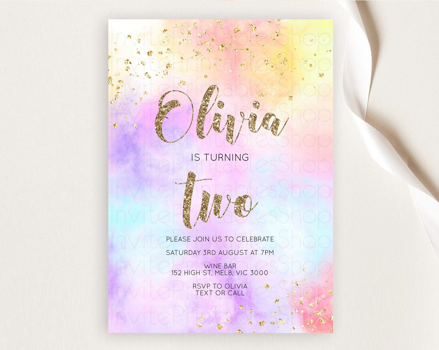 Editable Rainbow Birthday Invitation Colorful Pastel Watercolor Invitation G