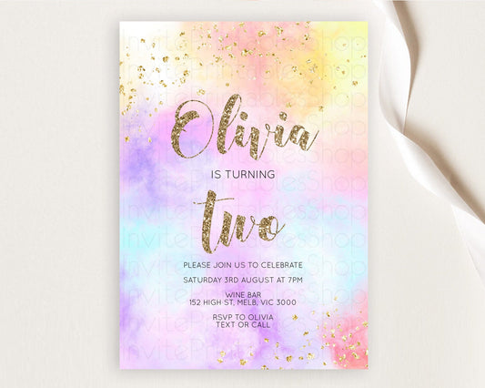 Editable Rainbow Birthday Invitation Colorful Pastel Watercolor Invitation G