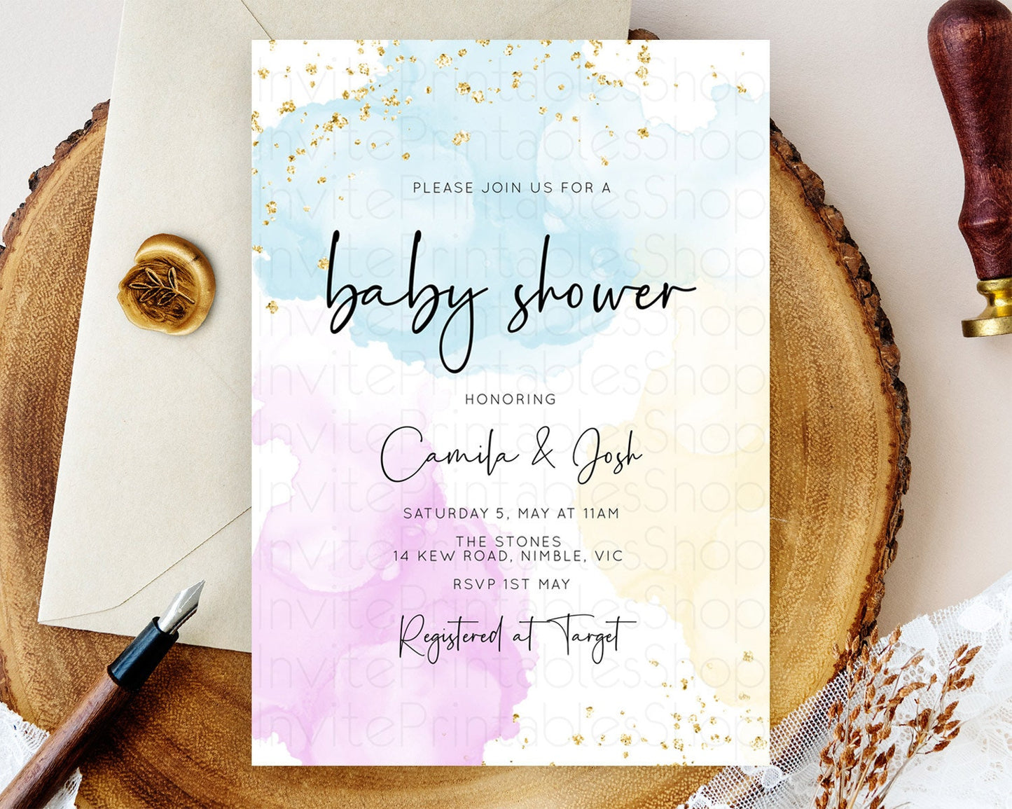 Pastel Baby Shower Invitation Rainbow Baby Shower Invitation Colorful Pastel Watercolor Invitation Gold Glitter Sprinkles Ombre D10155