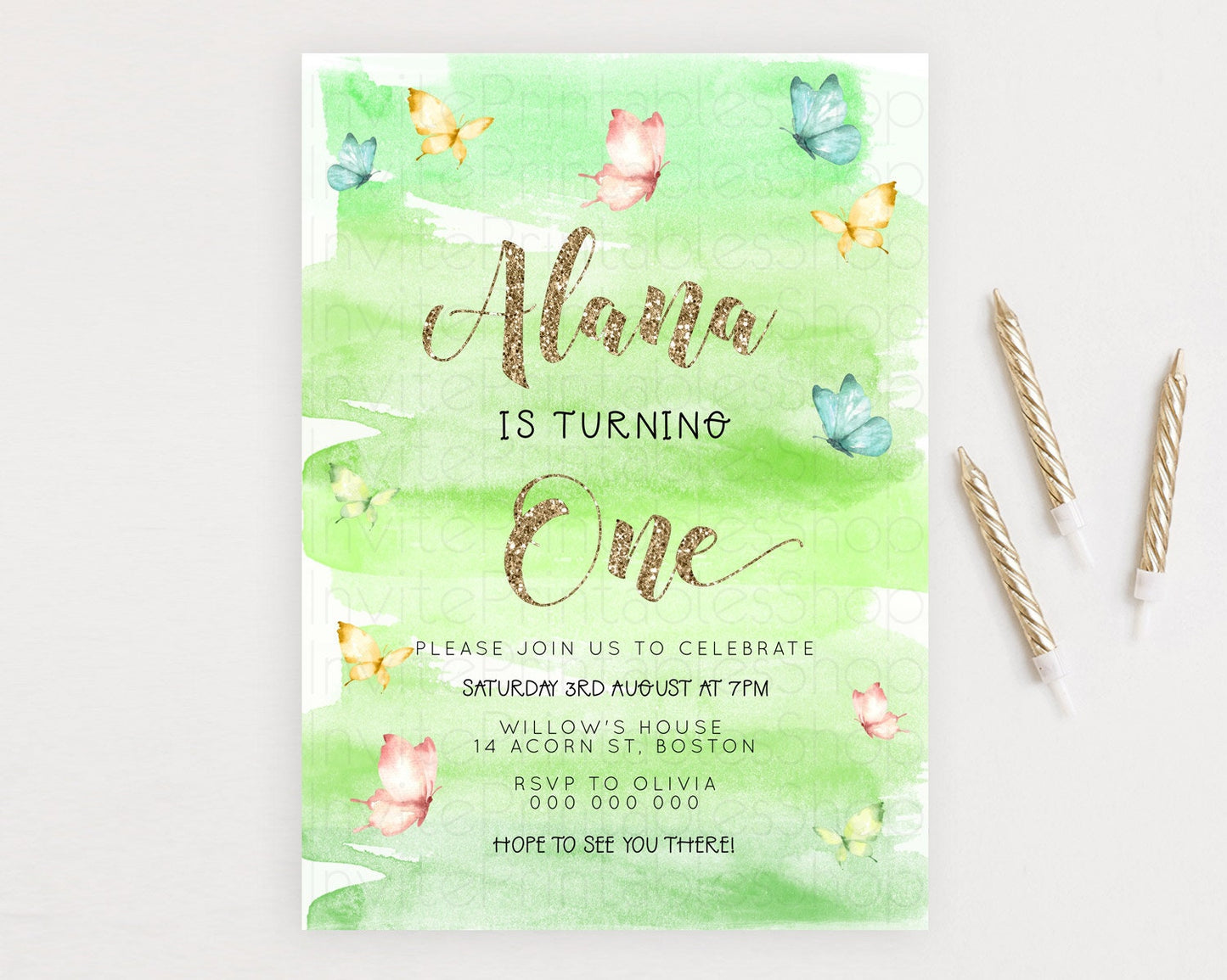 Pastel Butterfly Birthday Invitation Butterfly Birthday Invitation Colorful Splash Glitter Butterfly Garden 1st 2nd Birthday D23234