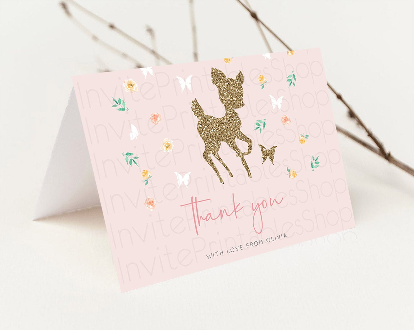 Fawn Thank You Deer Thank You Card Pastel Floral Deer Birthday Thank You Card Enchanted Forest Butterfly Deer Teacher Thank You Card D10386