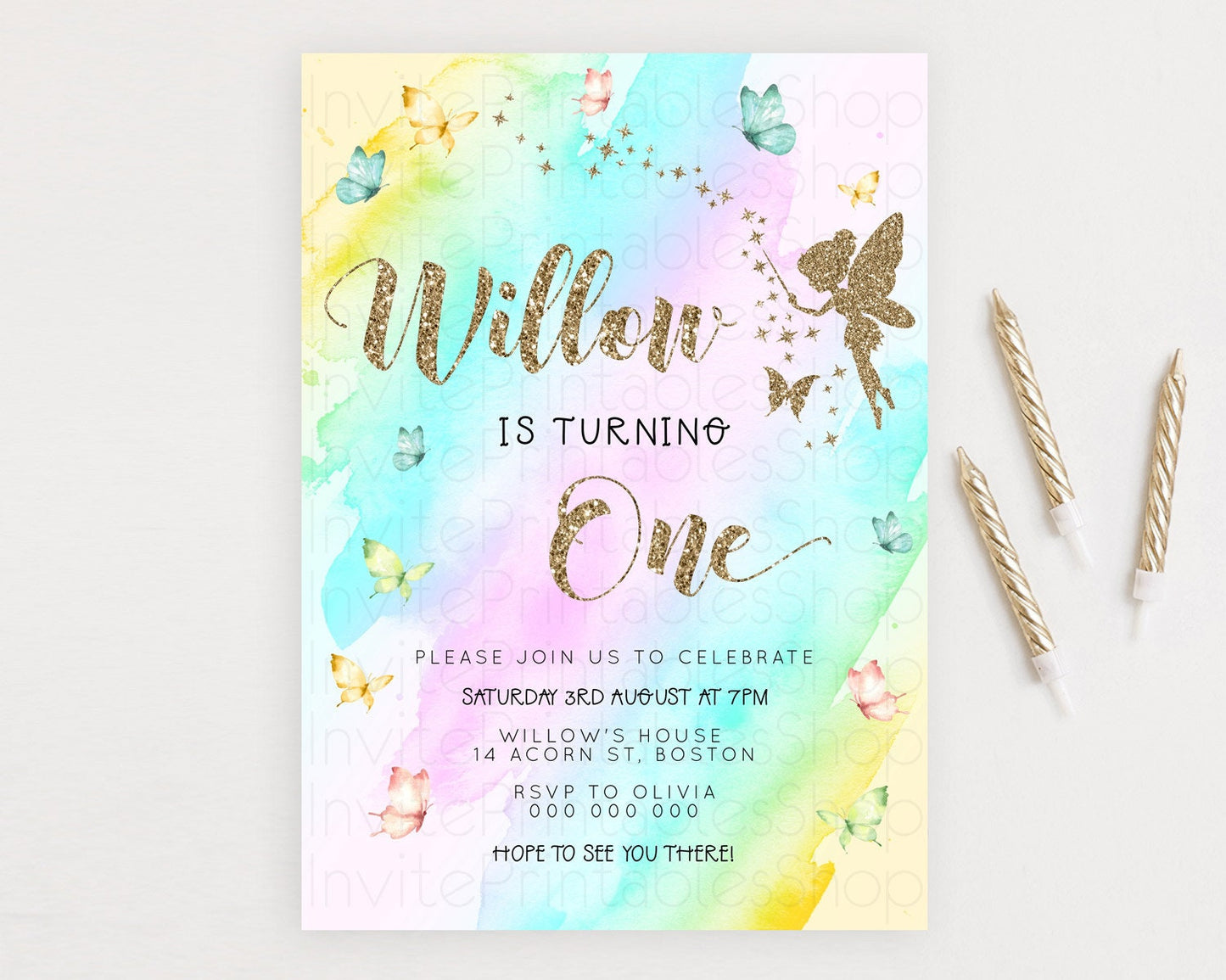 Pastel Fairy Birthday Invitation Pastel Butterflies Fairy Birthday Invitation Rainbow Ombre Watercolor 1st 2nd Birthday Invitation D23332