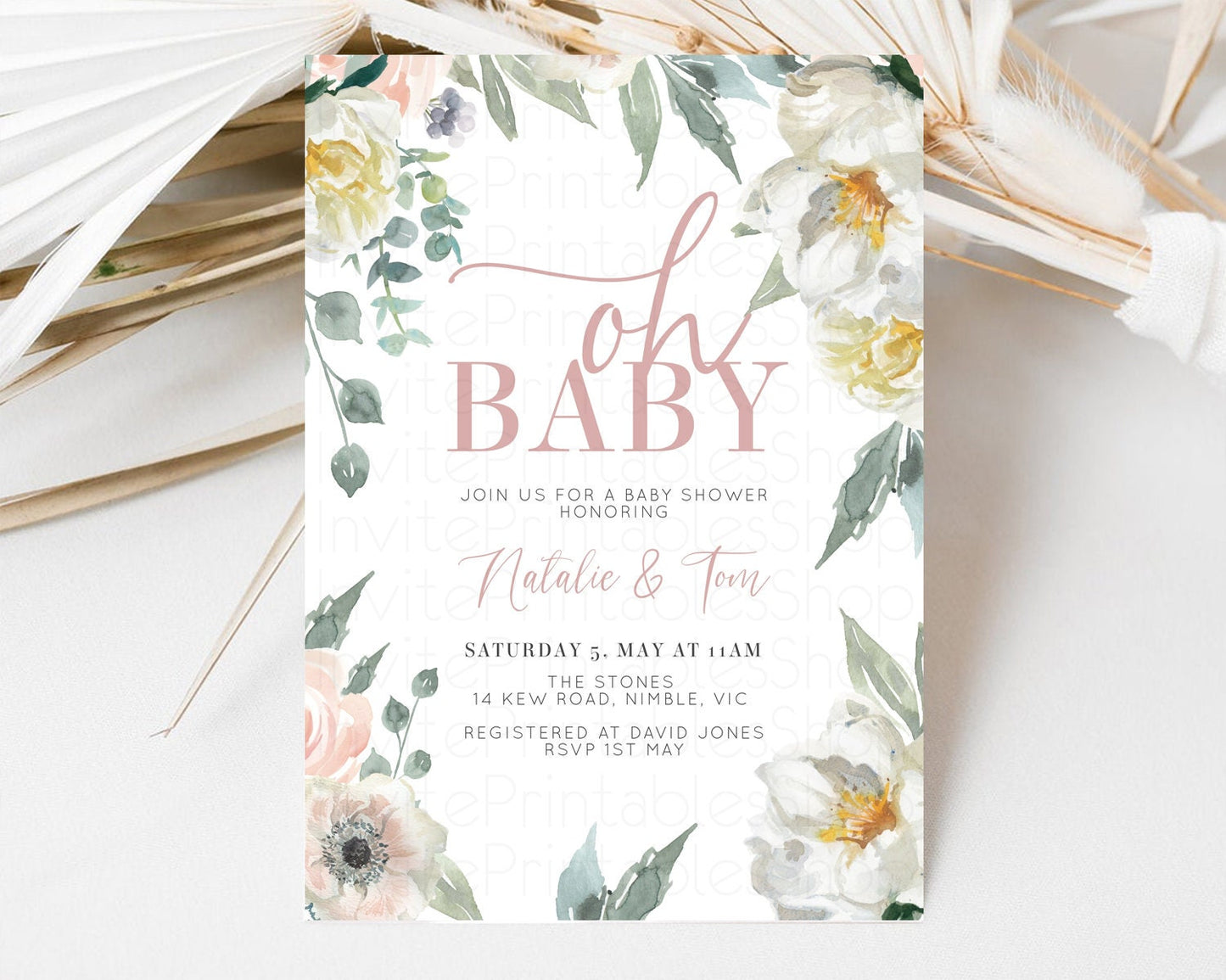 White Florals Baby Shower Invitation Secret Garden Whimsical Enchanted Fairytale Forest Wreath Watercolor Spring Flowers Invite W108