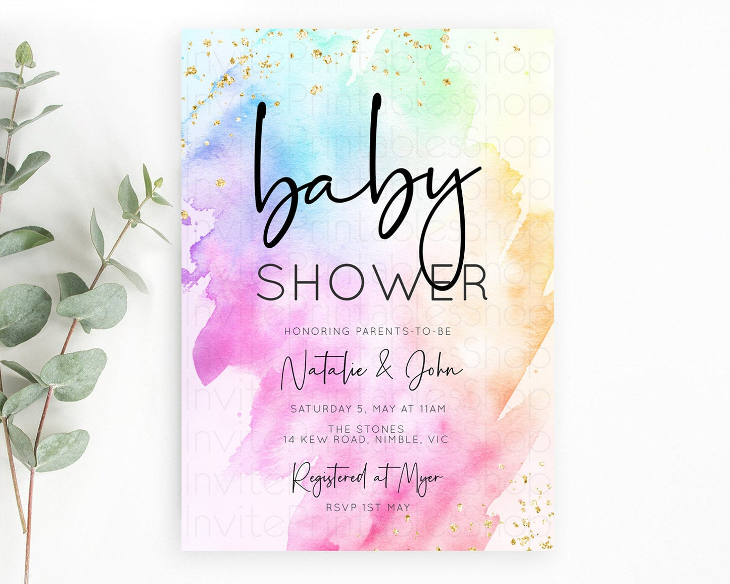 Pastel Rainbow Baby Shower Invitation, Watercolor Splash, Gold Confetti Sprinkles, Colorful Ombre Pink, Yellow, Green, Orange D10449