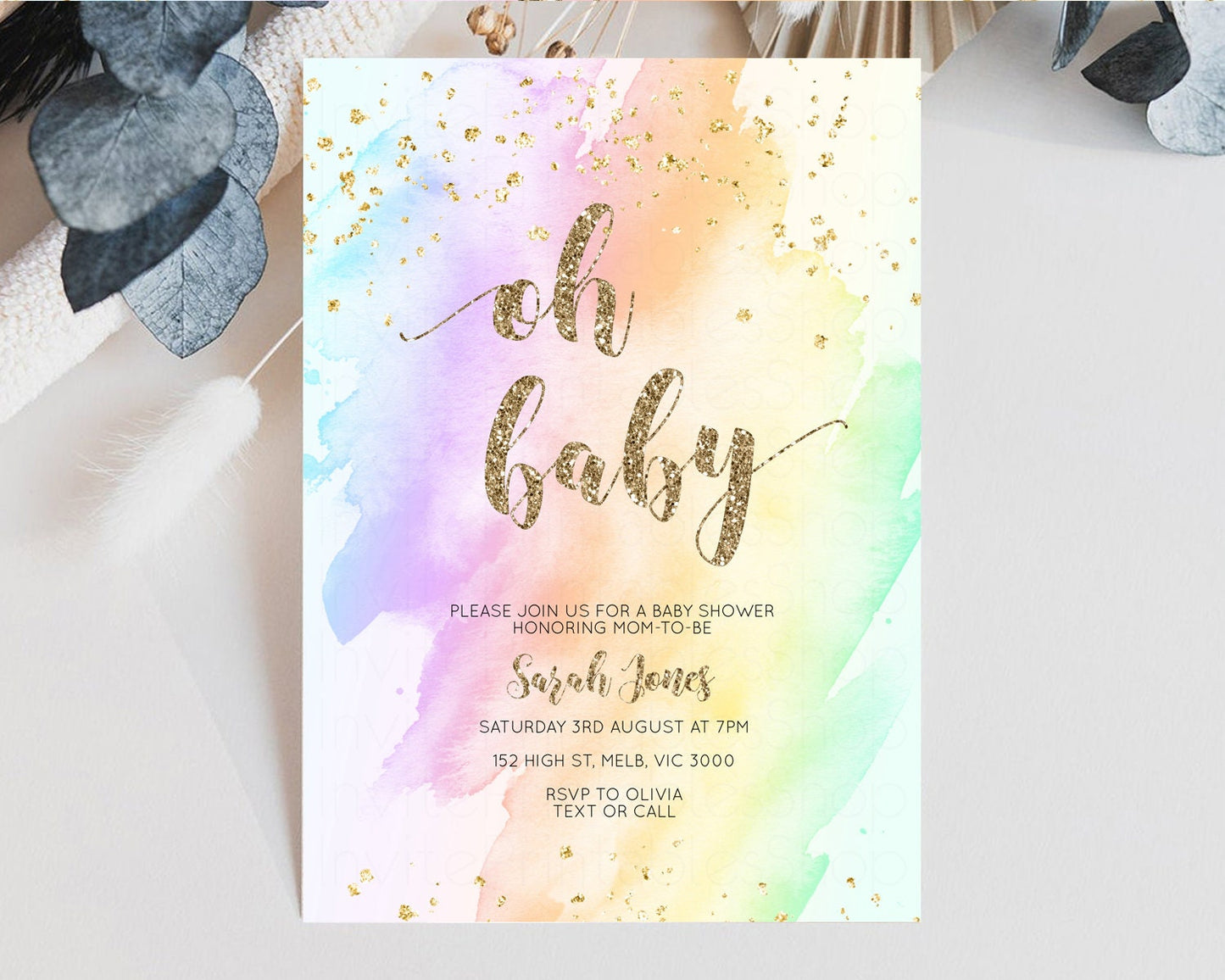 Rainbow Baby Shower Invitation Pastel Baby Shower Invitation Watercolor Ombre Invitation Rainbow Pastel Colors Invite Glitter Confetti g602