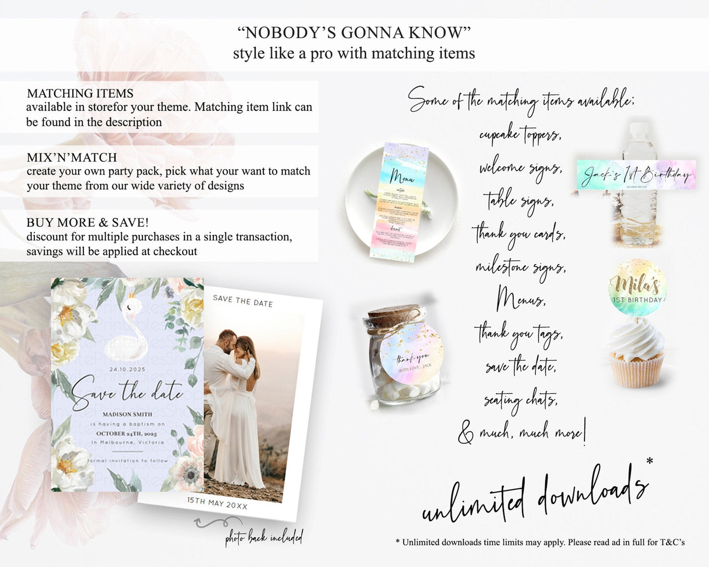 Swan Save The Date Template Swan Princess Ballet Party Enchanted Swan Lake Secret Garden Pastel Floral Birthday Baptism Baby Shower D10756