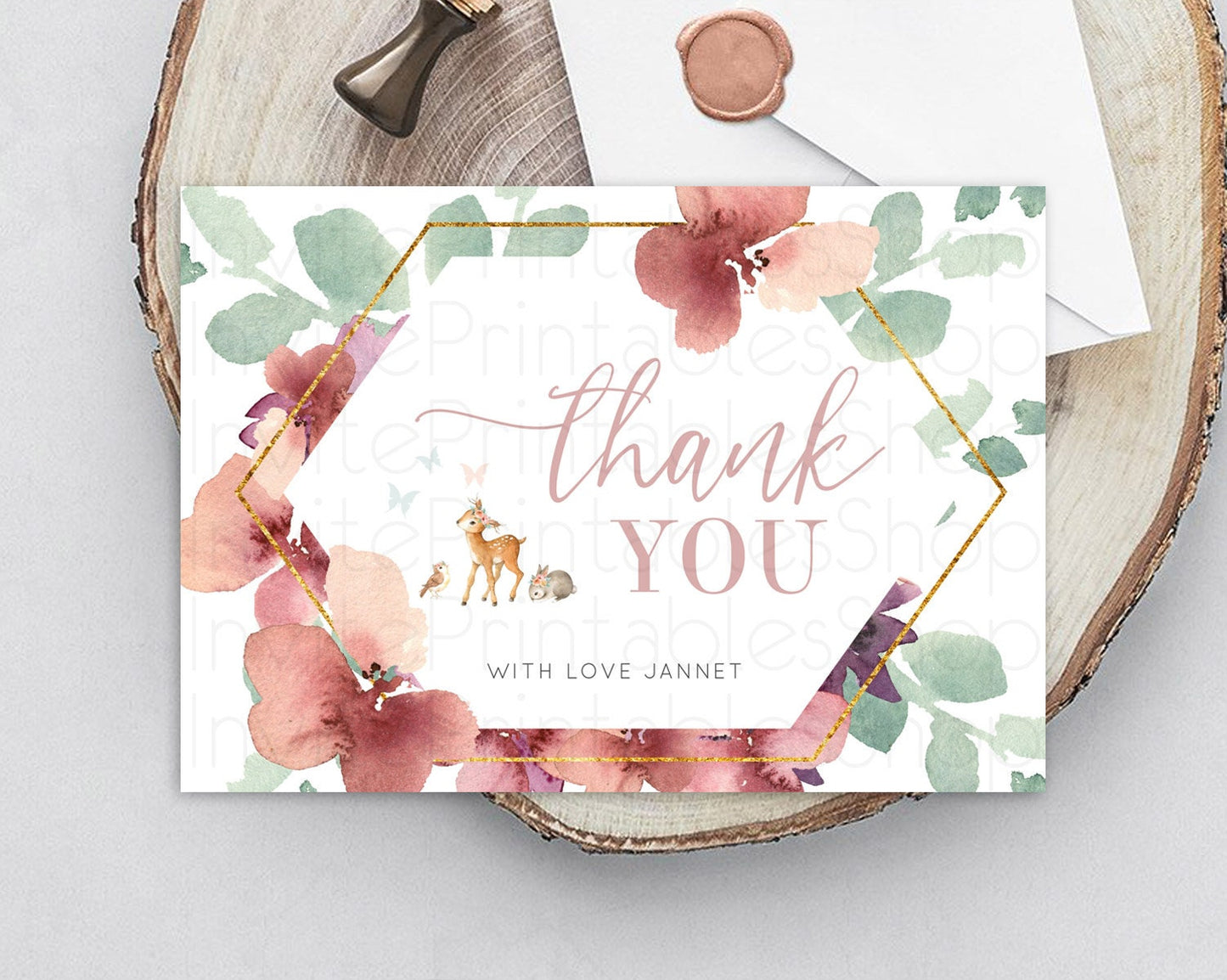 Fawn Thank You Deer Thank You Card Pastel Floral Deer Birthday Thank You Card Enchanted Forest Butterfly Deer Teacher Thank You Card D10913