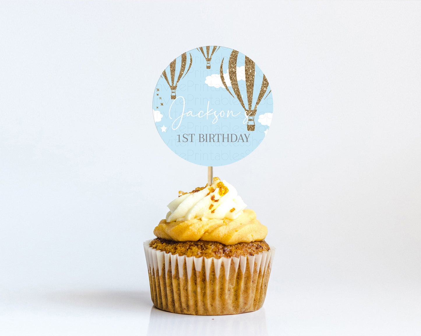 Hot Air Balloon Cupcake Toppers Adventure Awaits Up & Away Glitter Blue Watercolor Cupcake Topper Hot Air Balloon Party Decor D10332