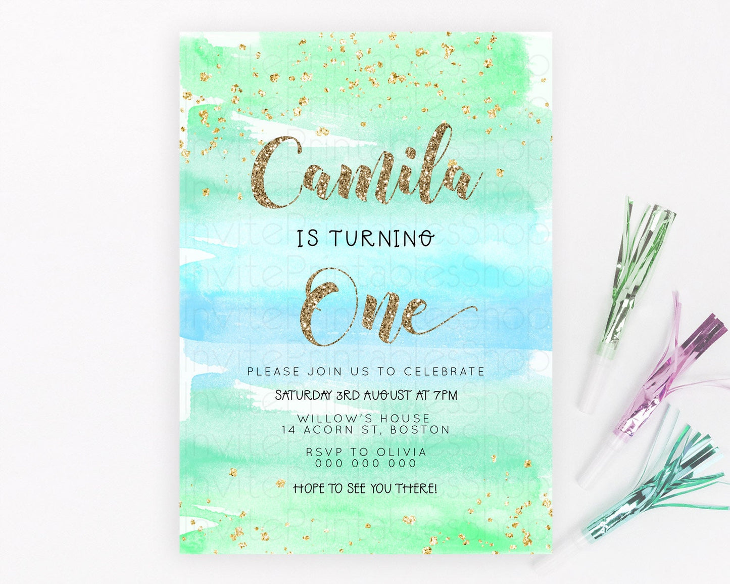 Green Birthday Invitation green Watercolor Invitation Pastel green Watercolor Invitation green Splash Gold Invitation First Birthday D23276