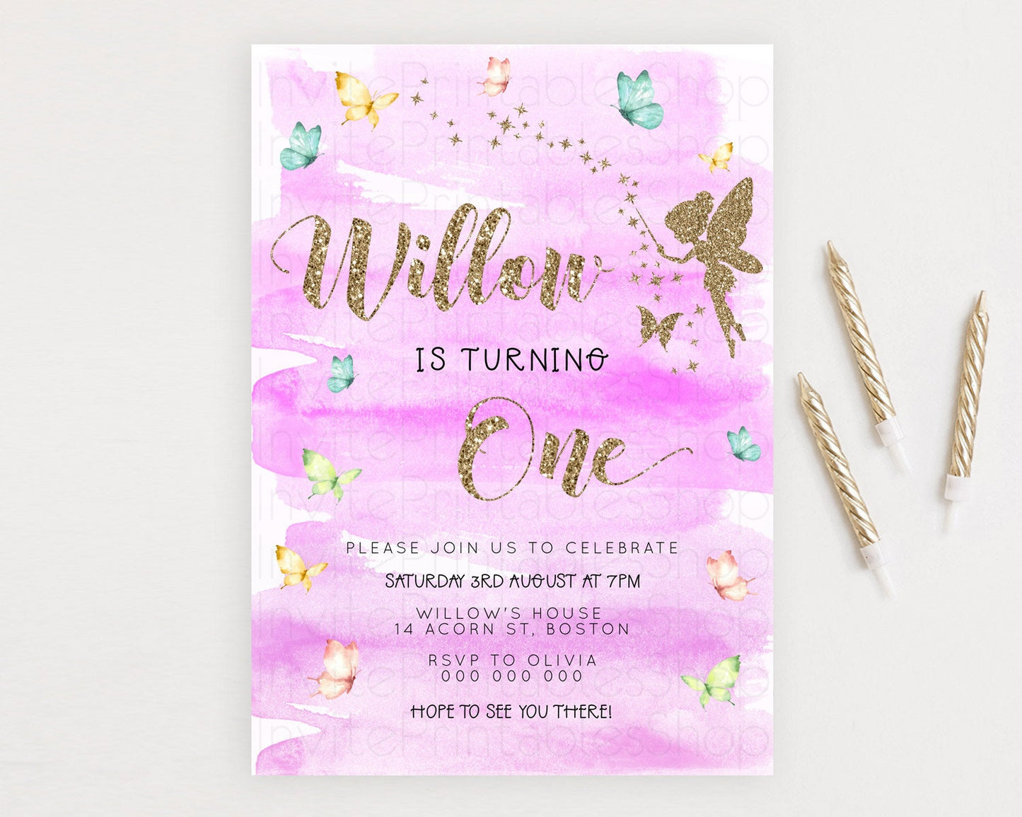 Pastel Fairy Birthday Invitation Pastel Butterflies Fairy Birthday Invitation Rainbow Ombre Watercolor 1st 2nd Birthday Invitation D23326