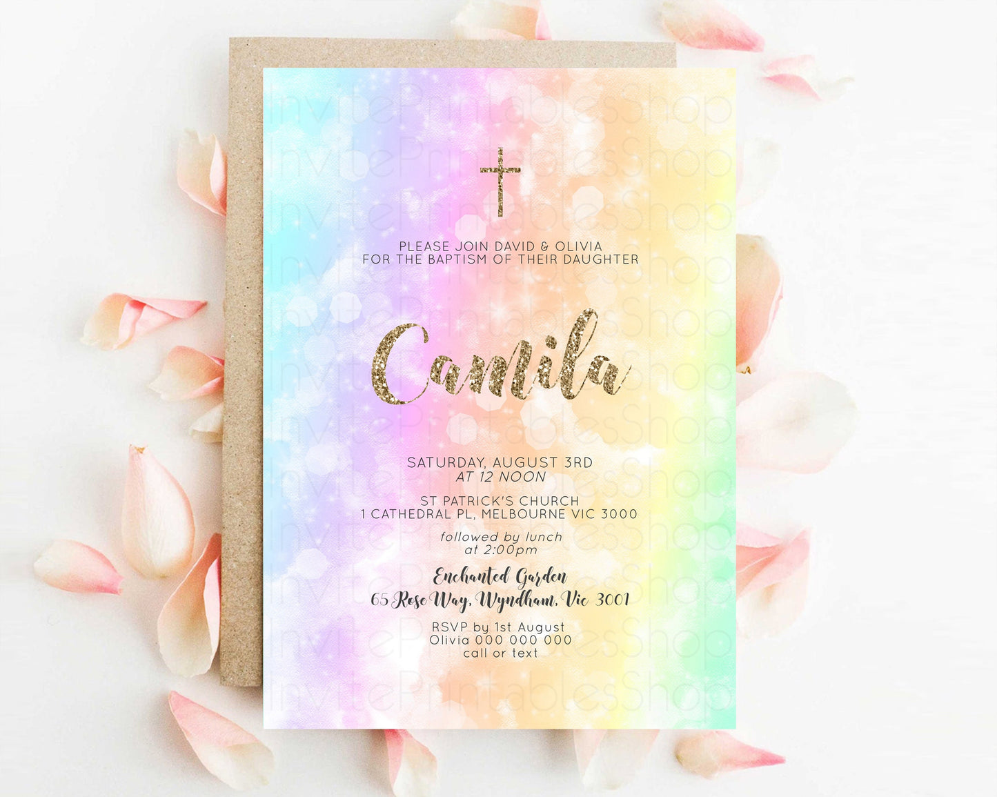 Pastel Baptism Invitation Rainbow Christening Invitation Holy Communion Invite Baptism 1st Birthday Sprinkles Ombre Watercolor Splash 604