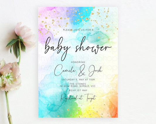 Editable Pastel Rainbow Baby Shower Invitation, Gold Glitter and Colorful Om