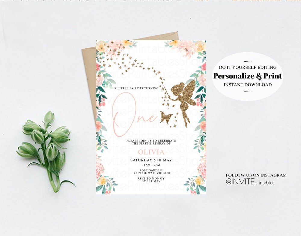 Fairy Birthday Invitation Floral Garden Tea Party Fairy Invite Whimsical Butterflies Glitter Pixie Magic White Printable Editble Invite