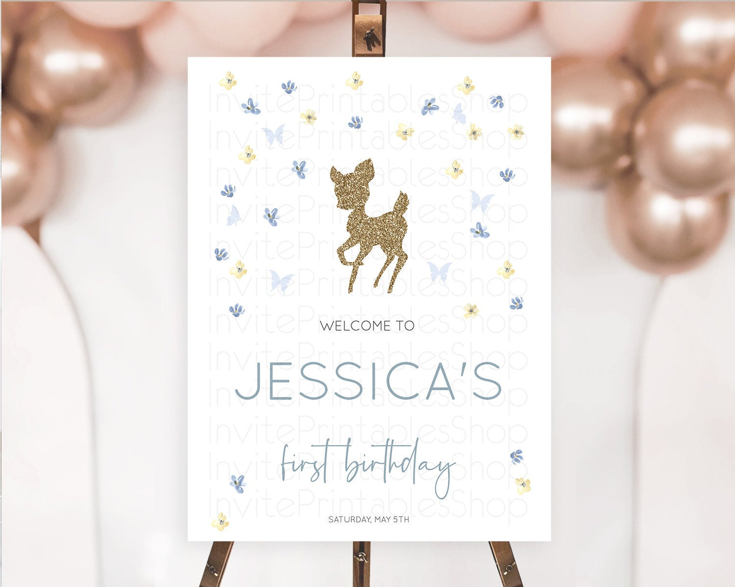 Fawn Welcome Sign Deer Welcome Board Floral Deer Welcome Poster Enchanted Forest Butterfly Pastel Floral First Birthday Welcome Sign D10864