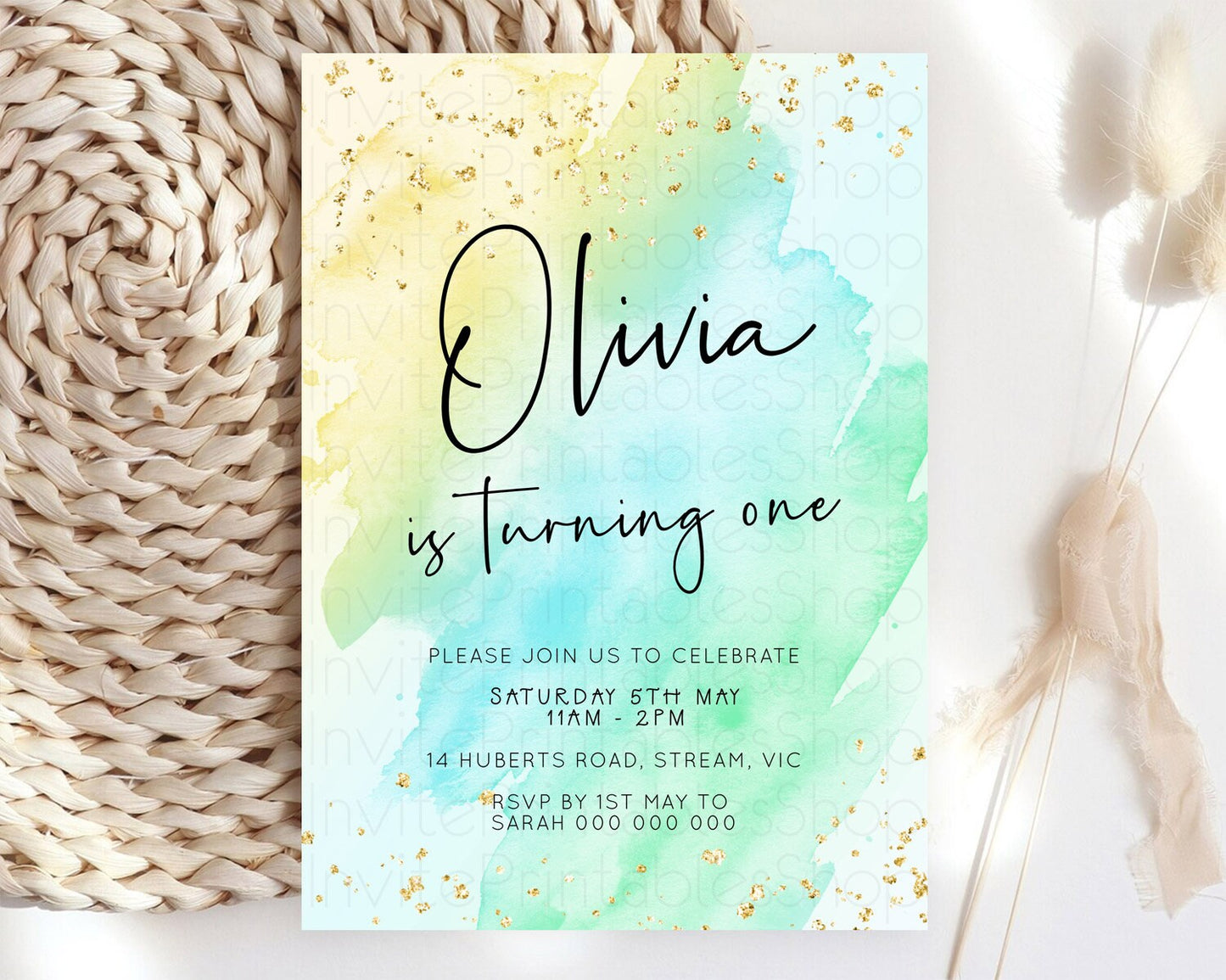 Pastel Birthday Invitation Ombre Watercolor Birthday Invitation Glitter Rainbow Color Splash 1st 2nd 3rd Birthday Invitation D23058