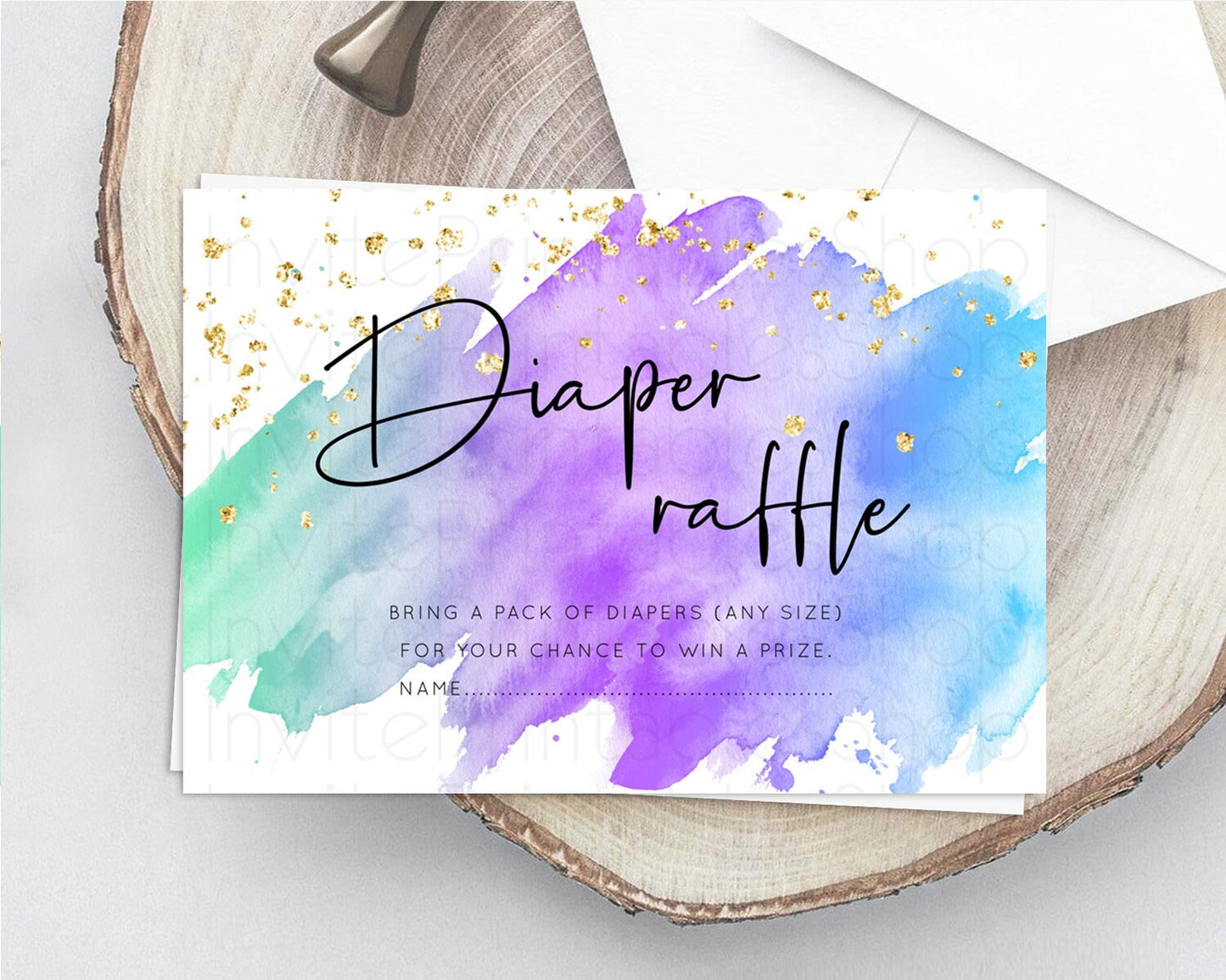 Pastel Diaper Raffle Card Pastel Rainbow Diaper Raffle Insert Colorful Ombre Watercolor Diaper Ticket Confetti Glitter Raffle Game D10491