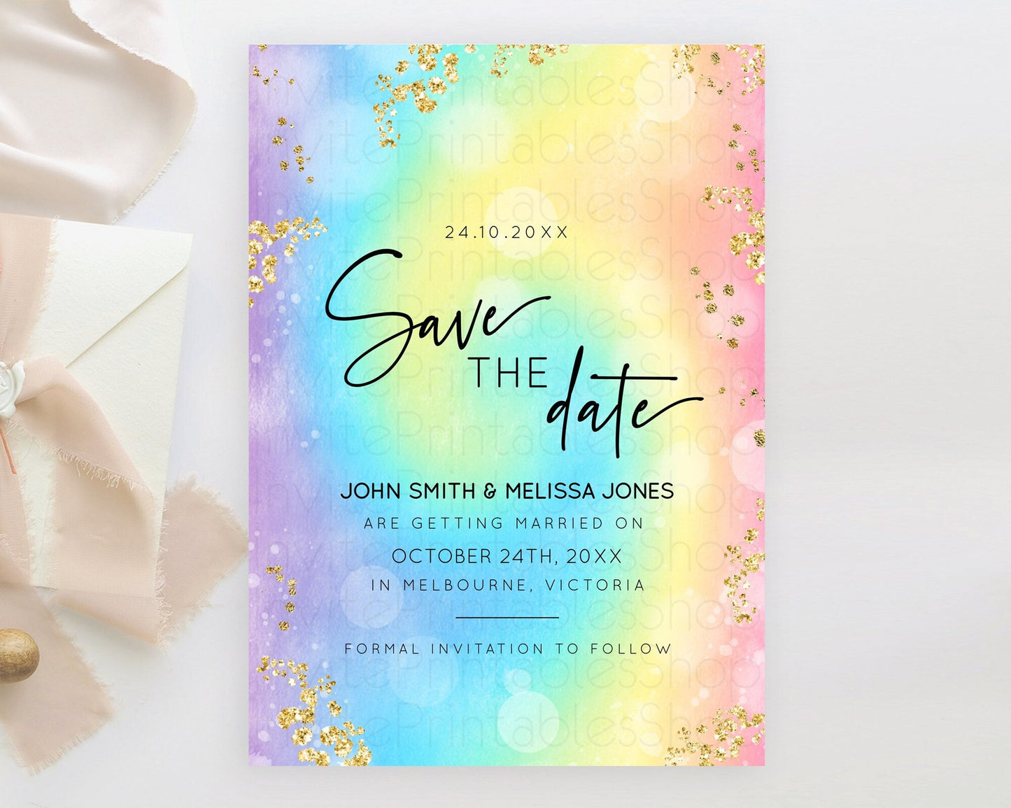 Tie Dye Save The Date Template Rainbow Pastel Ombre Watercolor Party For 1st Birthday Baptism Baby Shower Bridal Shower Wedding D10568