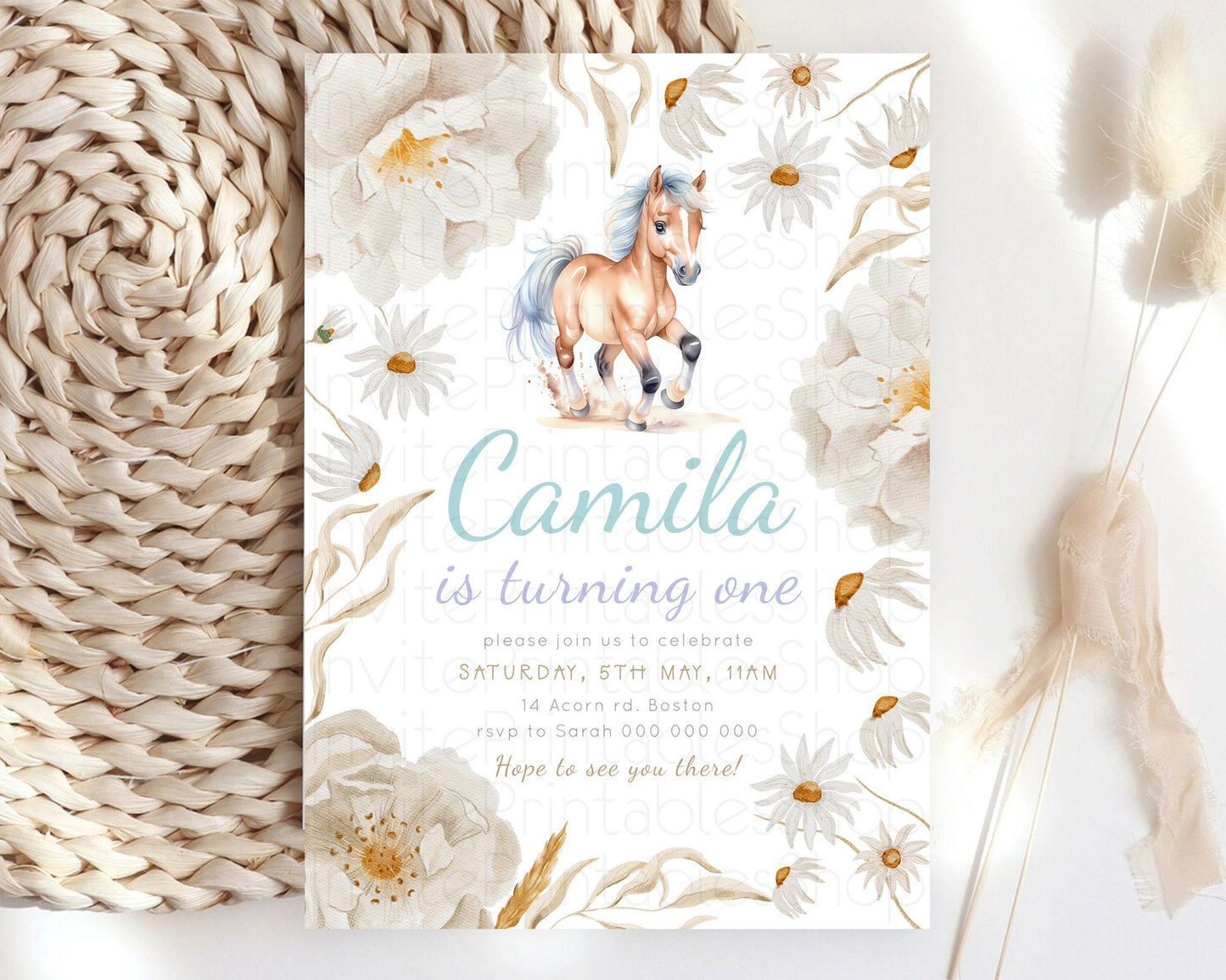 Horse Birthday Invitation, Galloping Wildflower Fields, Pastel Flowers, Butterflies, Flowers Accents for Equestrian & Cowgirls d23378