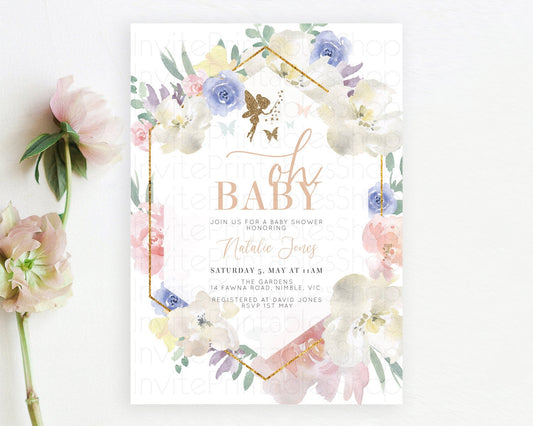 Fairy Baby Shower Invitation Pastel Fairy Invites Fairy Tea Party Fairy Garden Theme Secret Garden Enchanted Garden Floral Butterfly D10829