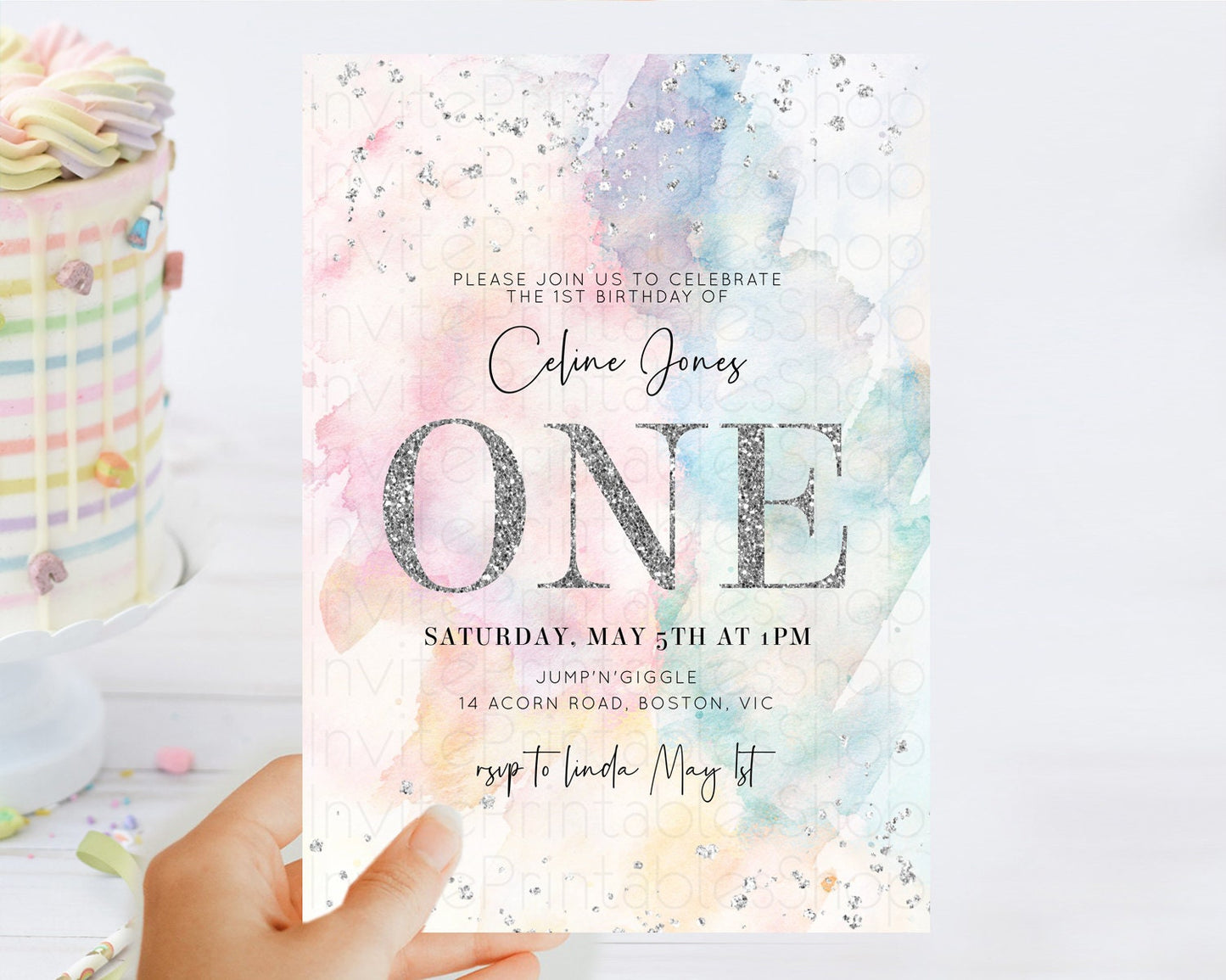 Editable Rainbow Birthday Invitation Colorful Pastel Watercolor Silver Glitt