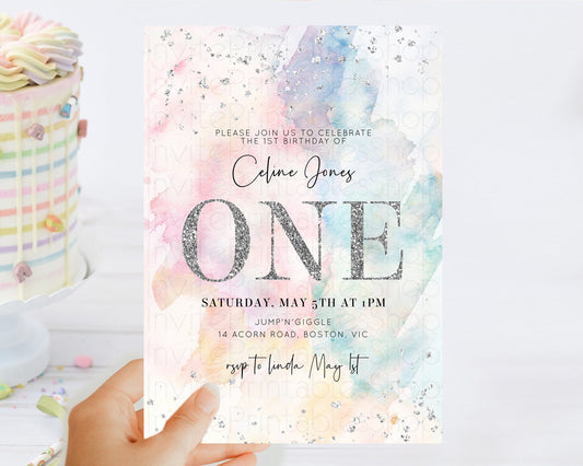 Editable Rainbow Birthday Invitation Colorful Pastel Watercolor Silver Glitt