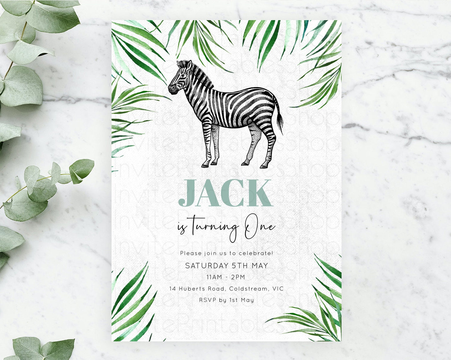 Zebra Birthday Invitation Zebra Invite Jungle Safari invite Watercolor Tropical Palm Invite Adventure Zoo Party Wild Animal Party D10844