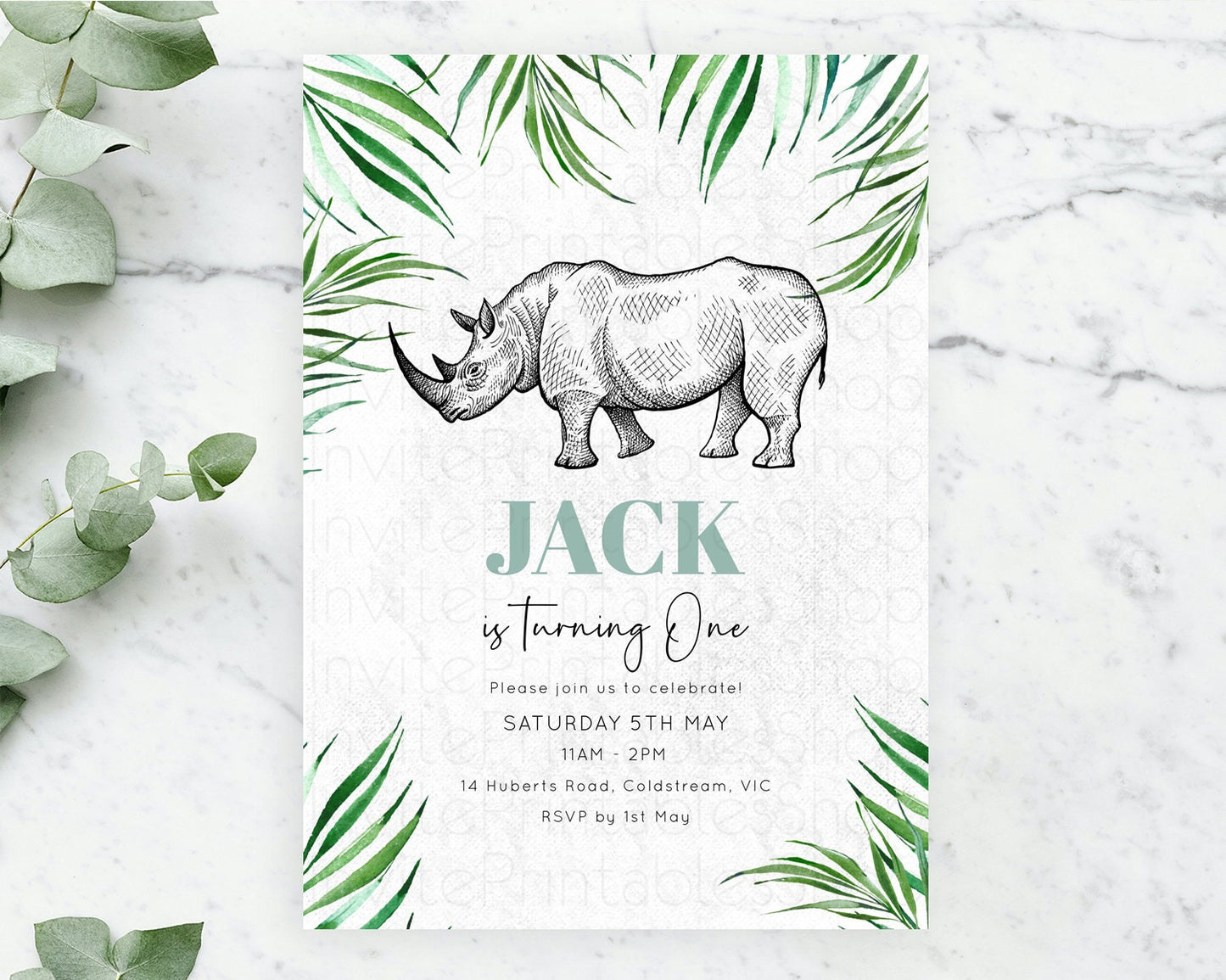 Rhino Birthday Invitation Rhino Invitation Rhino Birthday Rhino Safari Adventure Invite Rhino Palm Leaf Invite Zoo Party D10848