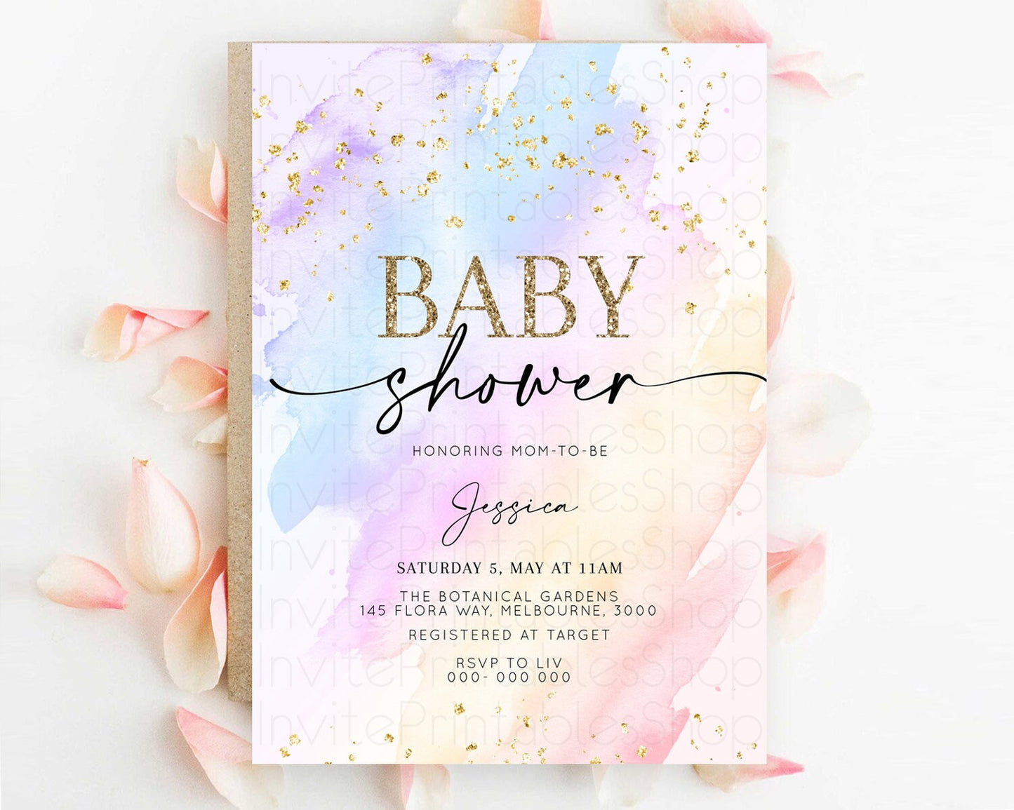 Pastel Baby Shower Invitation Rainbow Baby Shower Invitation Colorful Pastel Watercolor Invitation Gold Glitter Sprinkles Ombre D10635